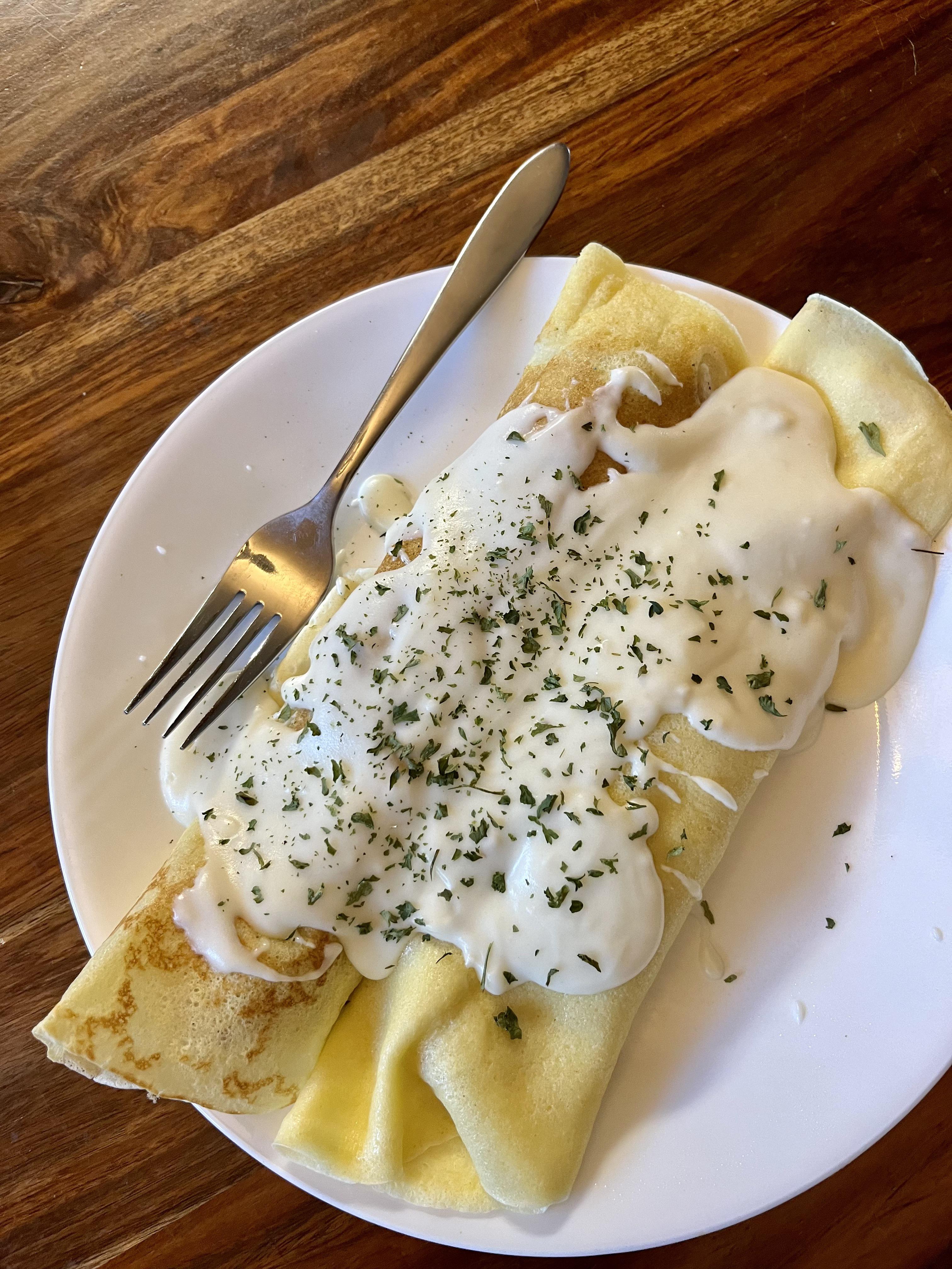 My husband dabbles in crepes. These are stuffed with corned beef