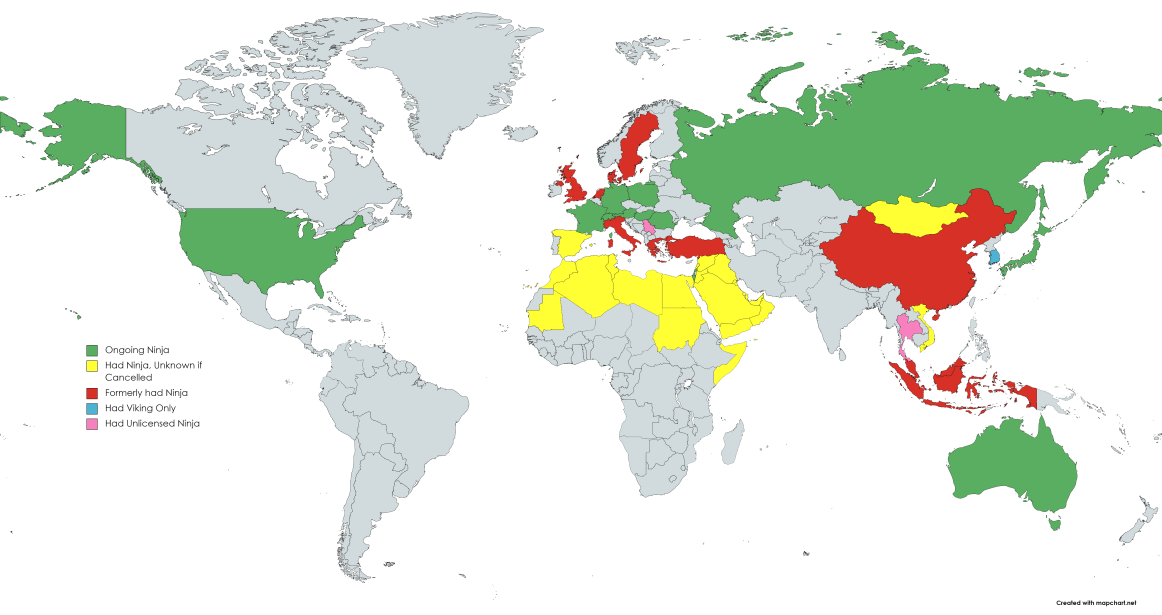 Map of Countries With Locally Produced Ninja Shows r/ninjawarrior