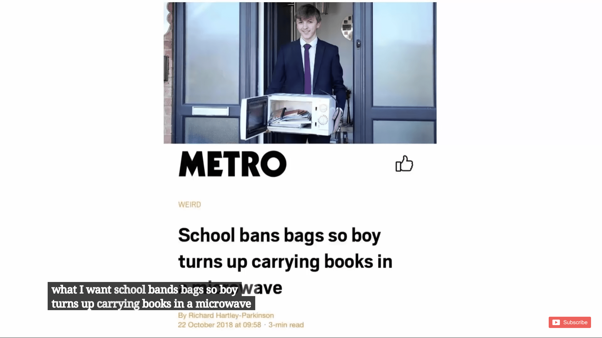 School bans bag so boy turn up carrying books in a microwave. r/WTF