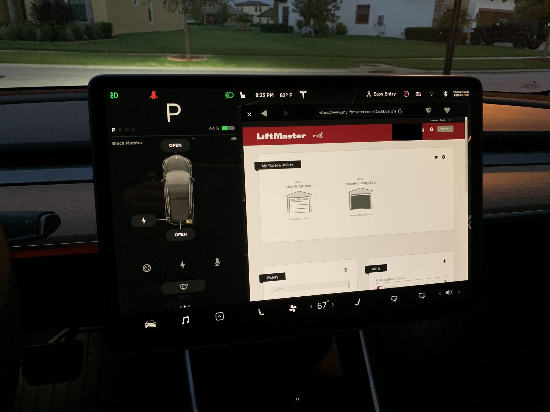 Tesla life hack tip Login to myQ LiftMaster on browser to open your