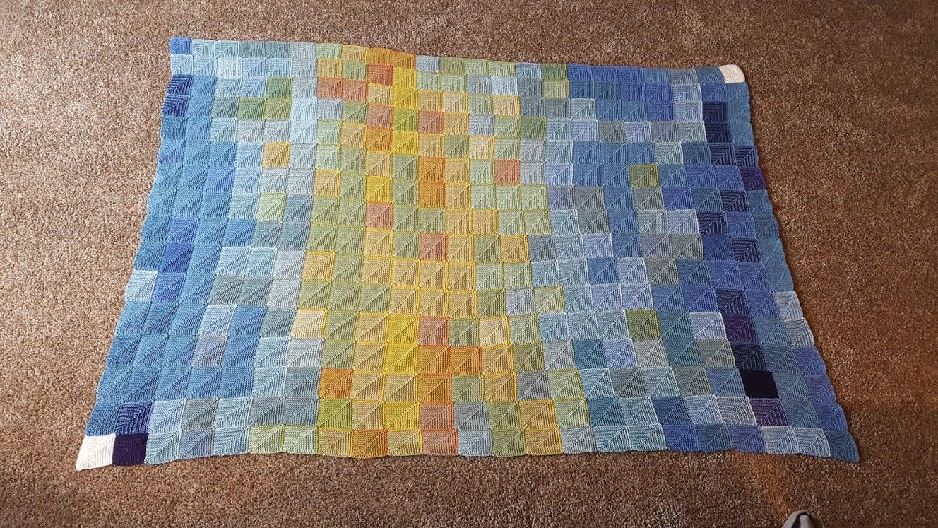 [FO] Finally finished my Temperature Blanket r/knitting