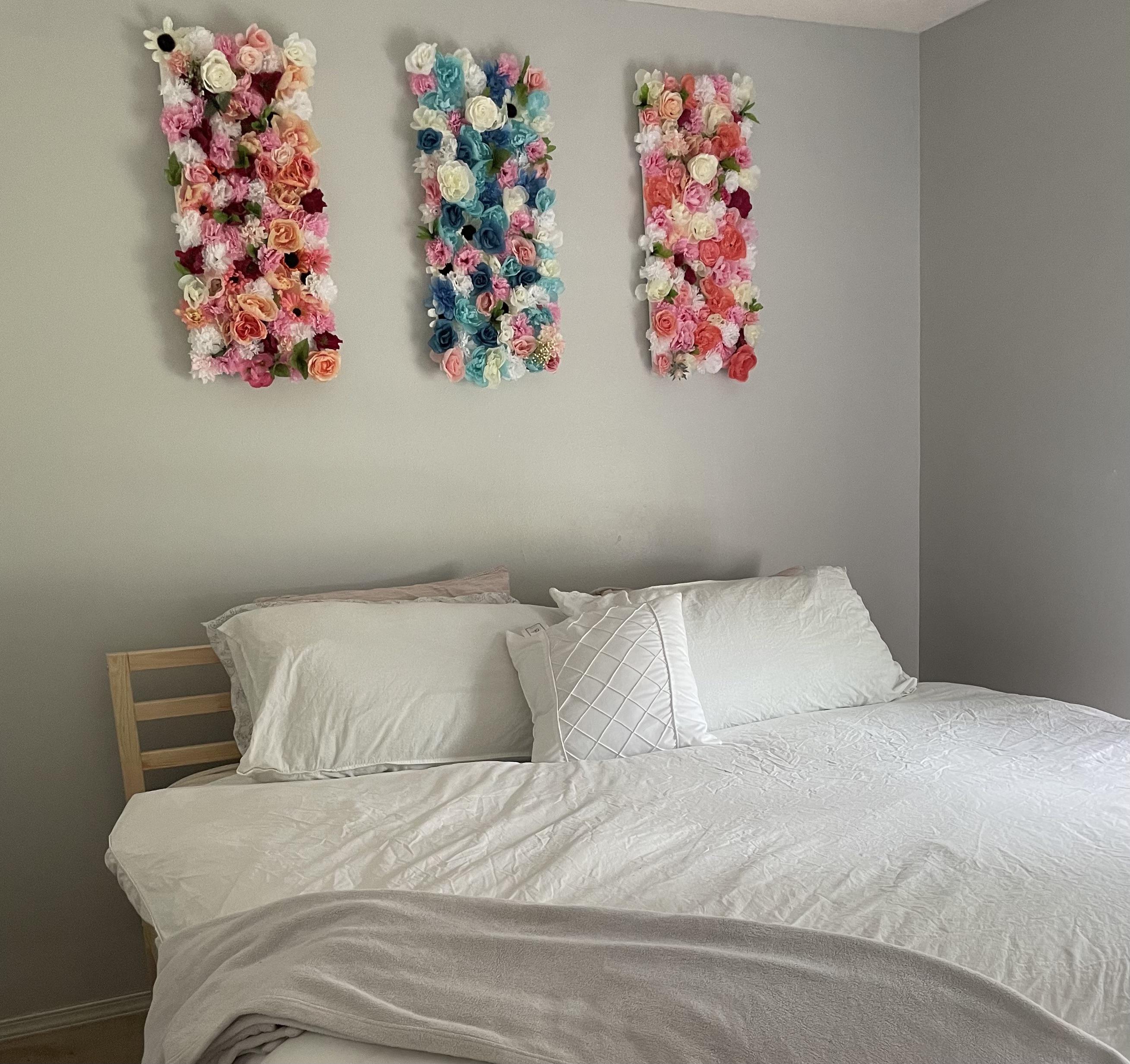 I made the popular dollar tree flower boards to put above my bed! Foam