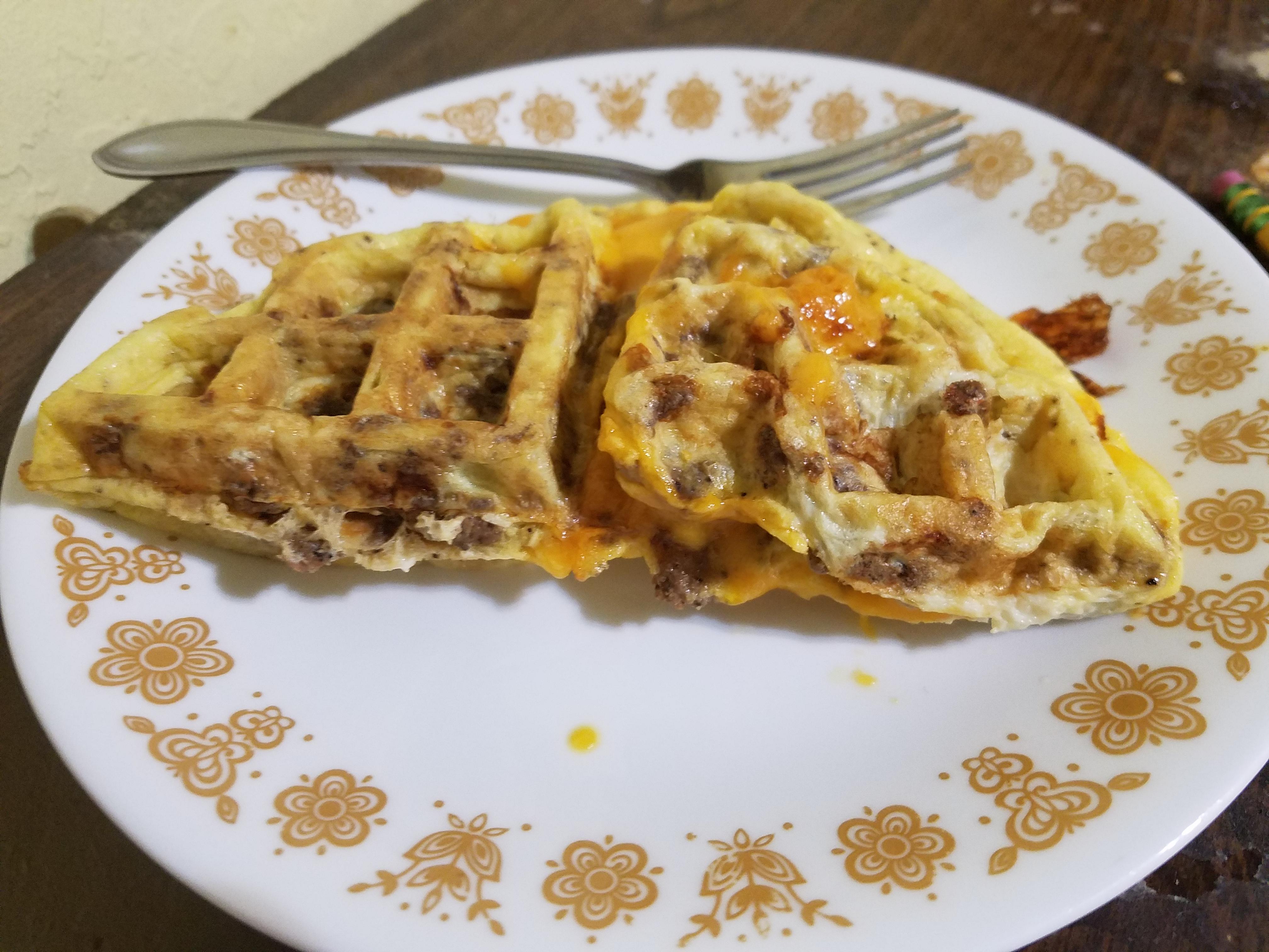 [I ate] a waffle iron omelette with cheese, sausage and turkey in it