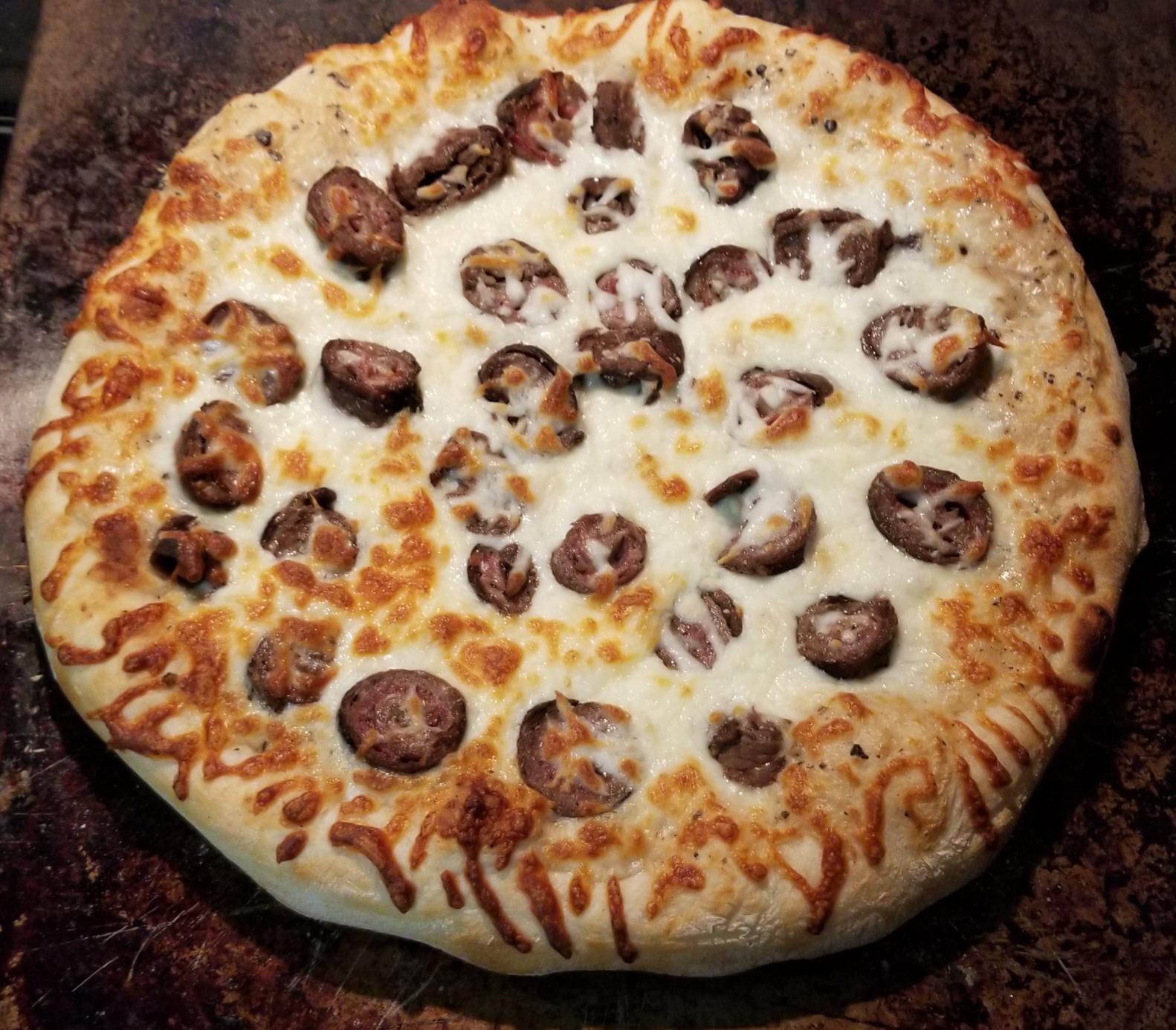 Leftover rouladen pizza w/ roasted garlic peppercorn sauce has