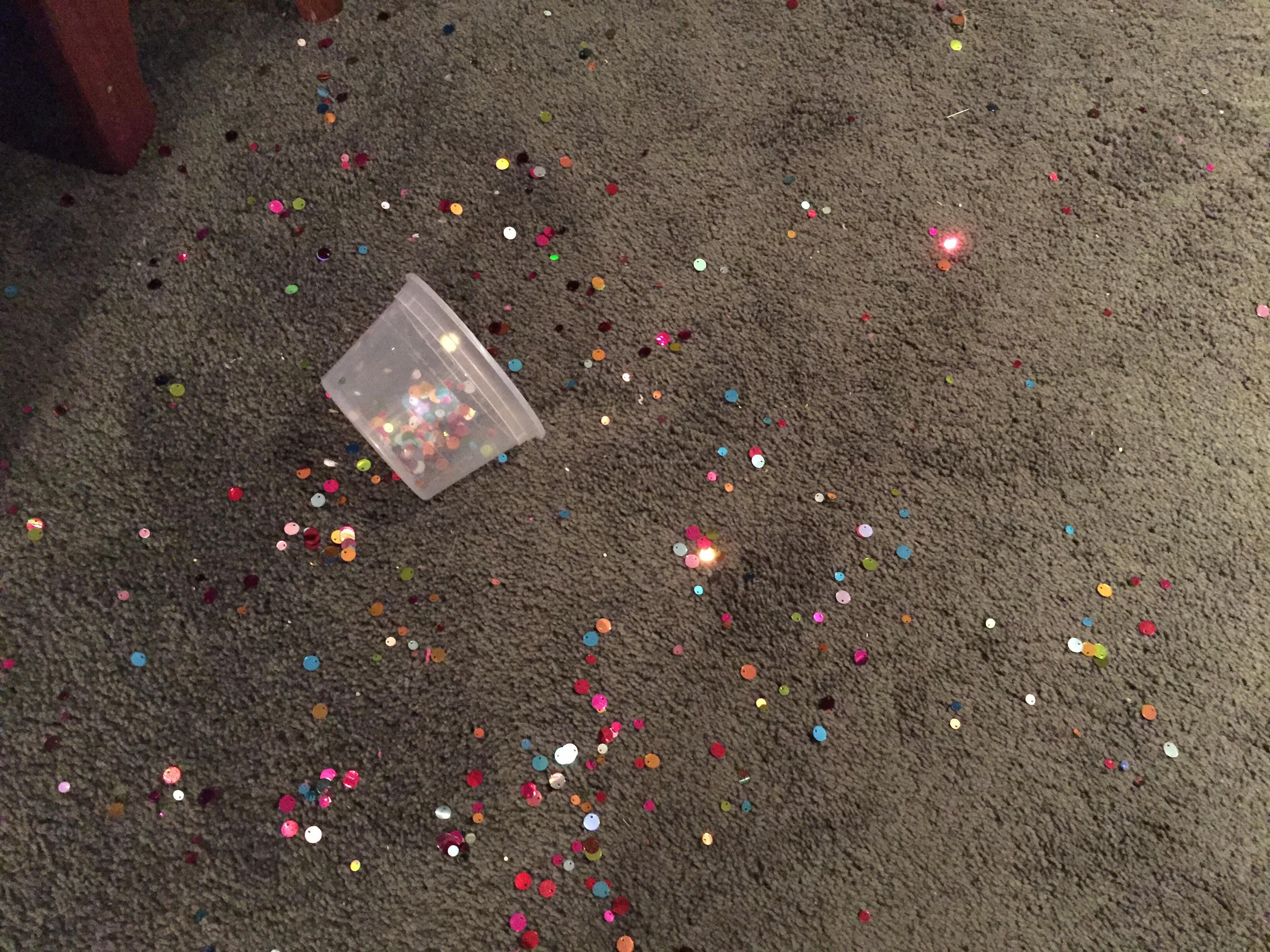 My daughter spilled glitter all over the place. Now my living room
