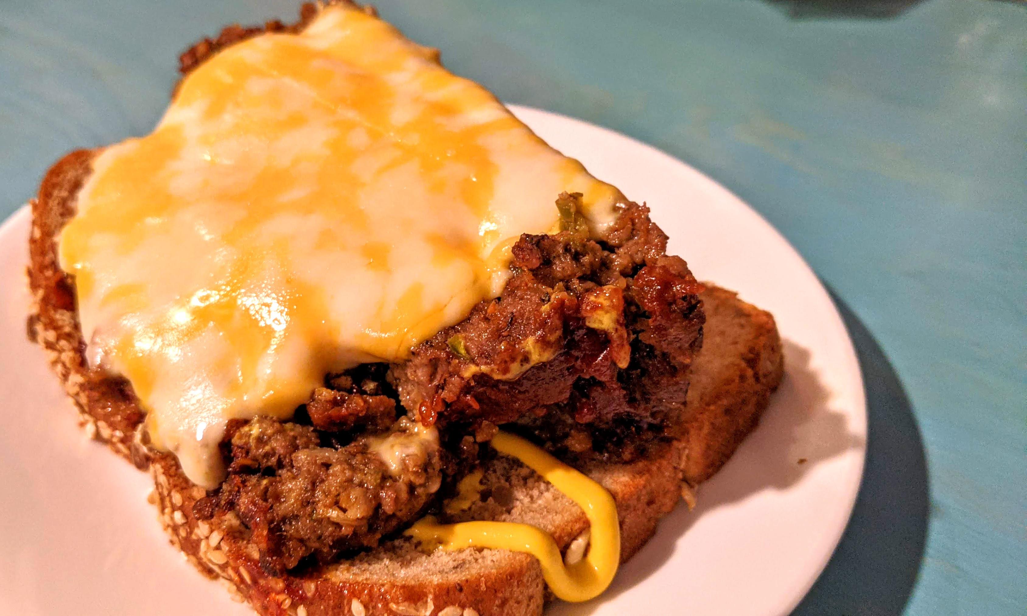[homemade] openfaced smoked meatloaf sandwich with cheese r/food