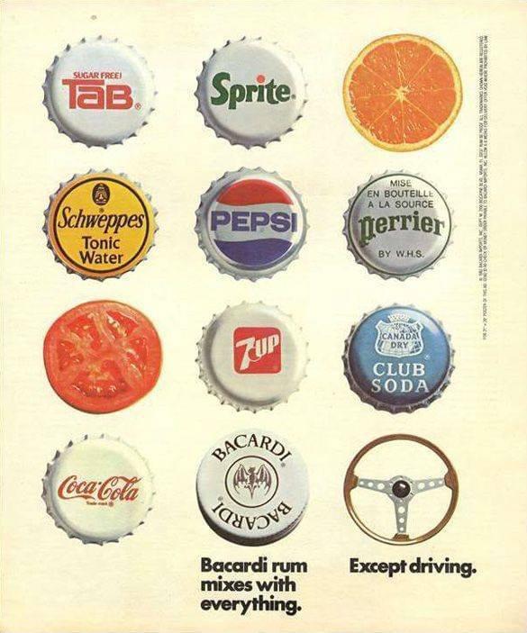 1983 Bacardi Rum mixes with everything except driving ad. r/vintageads