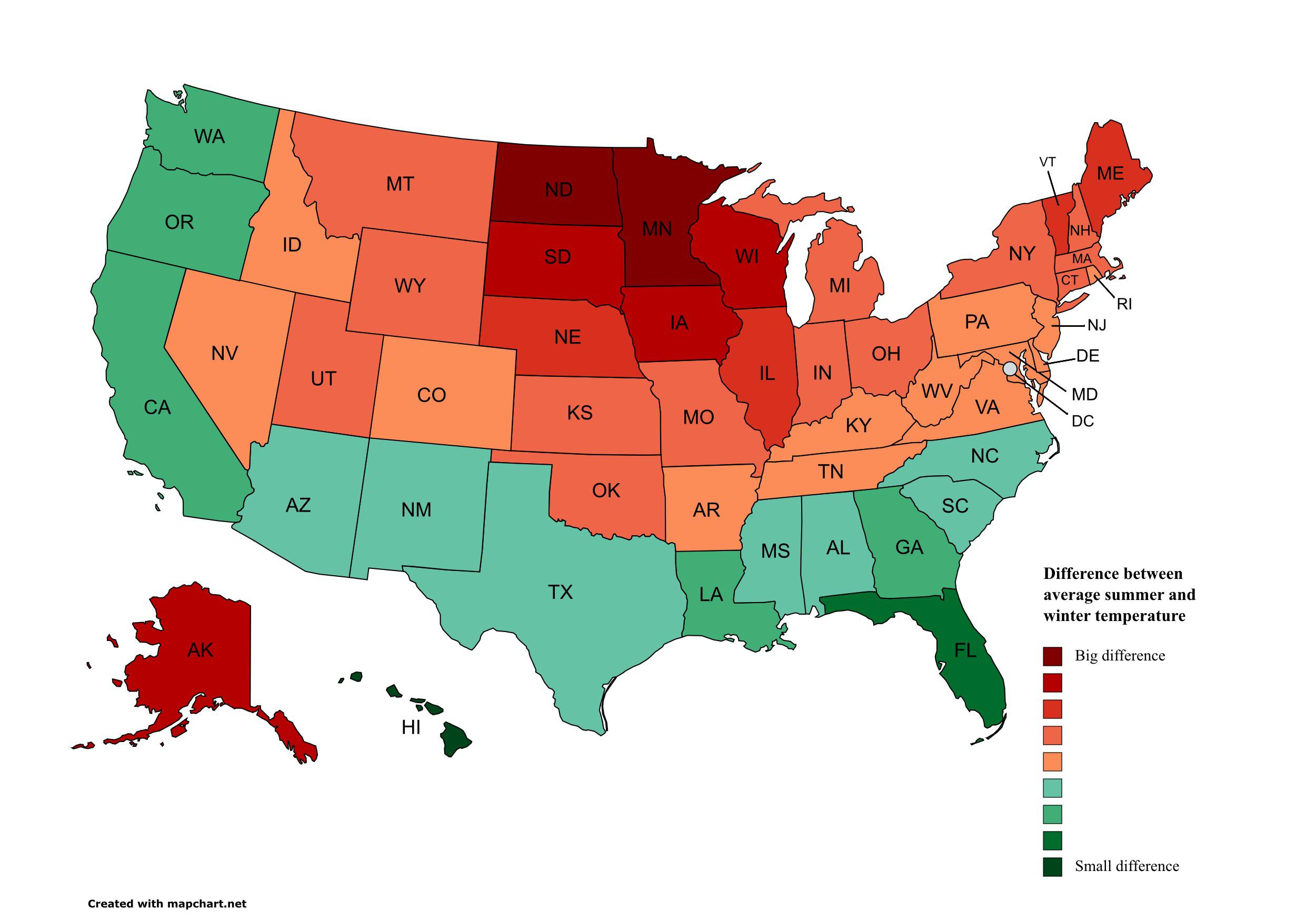 US states with biggest and smallest difference between average summer
