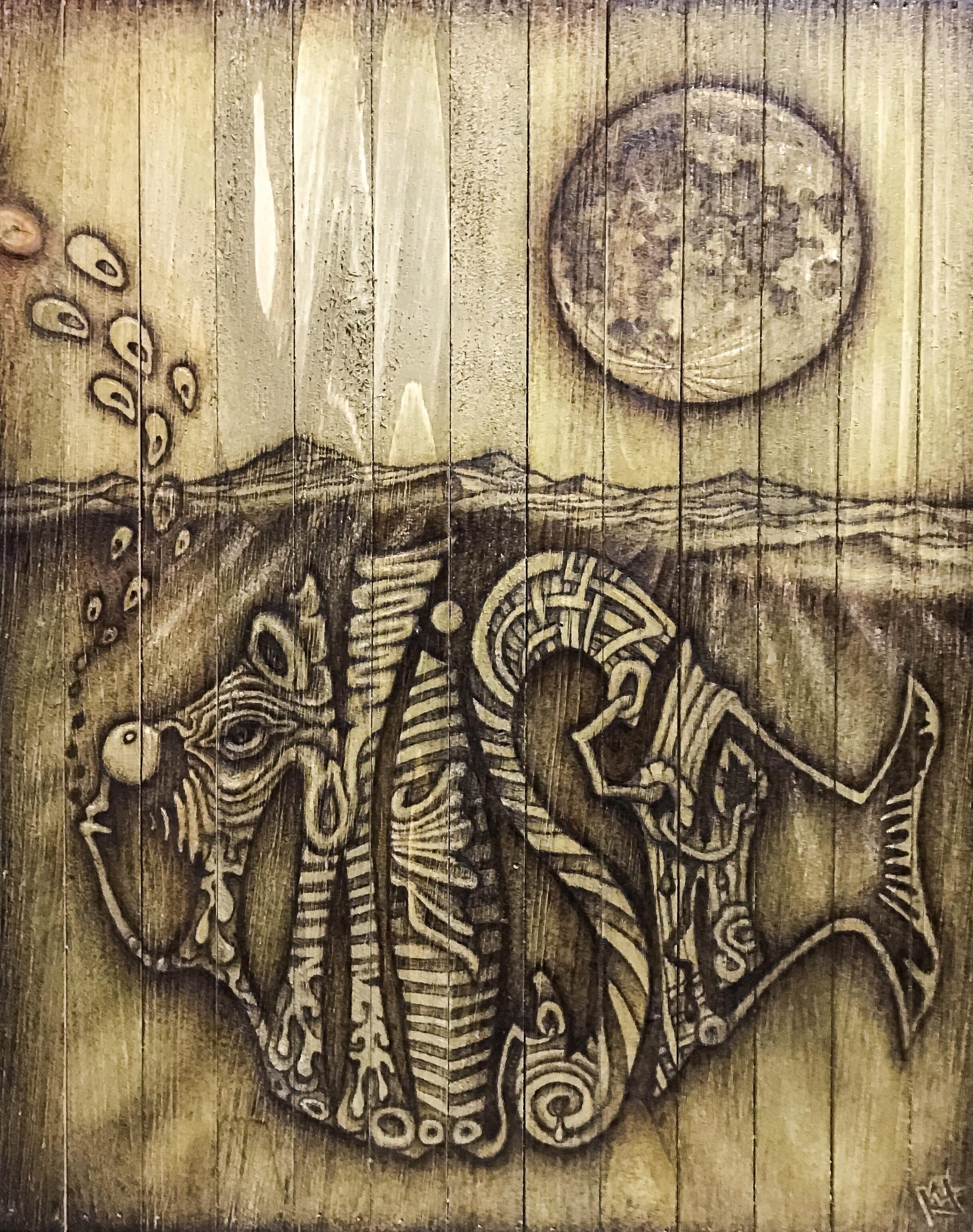 Gone Phishing. Wood burn. 16x20 r/Art
