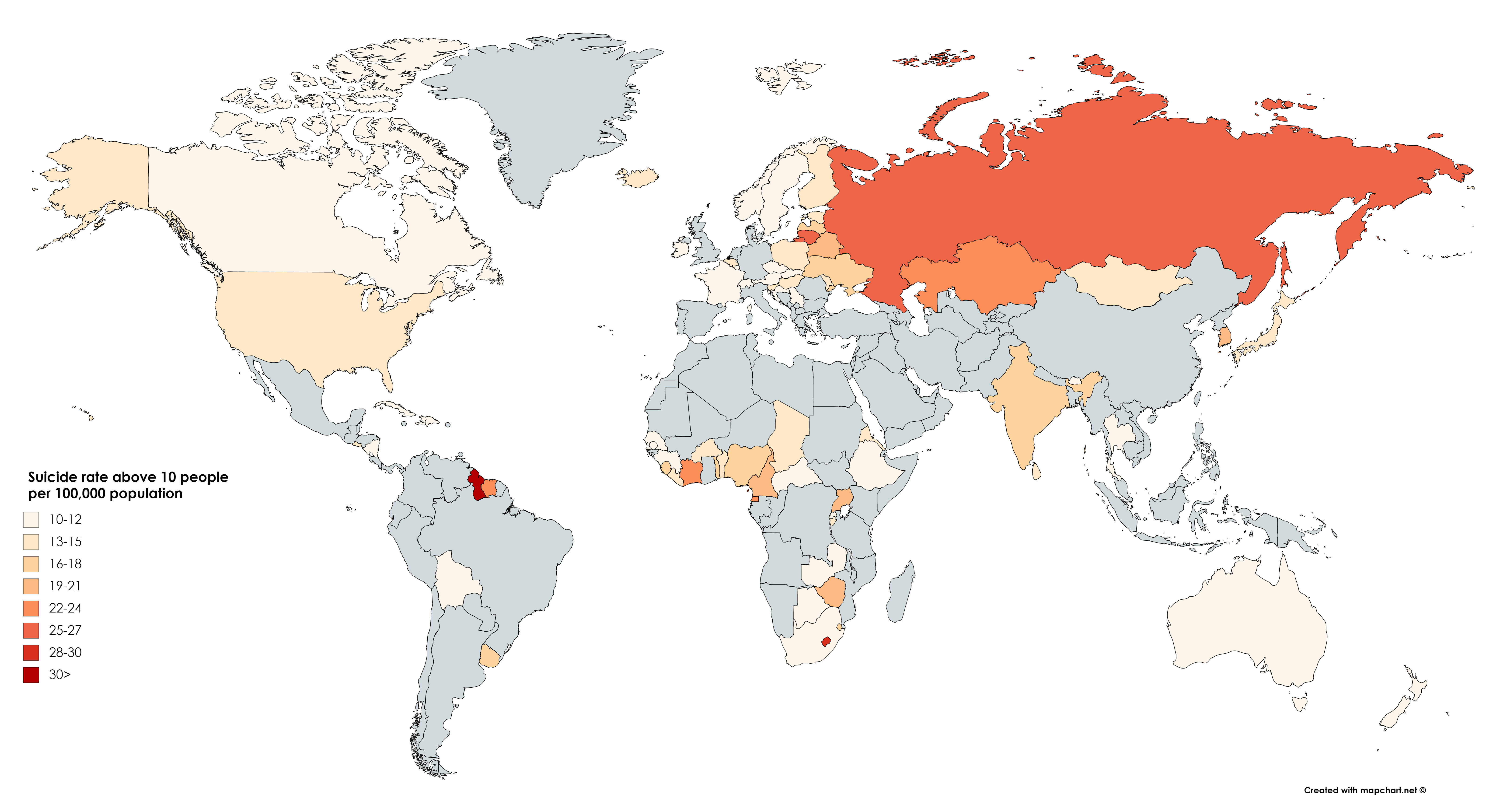 [OC] Countries with suicide rate above 10 people per