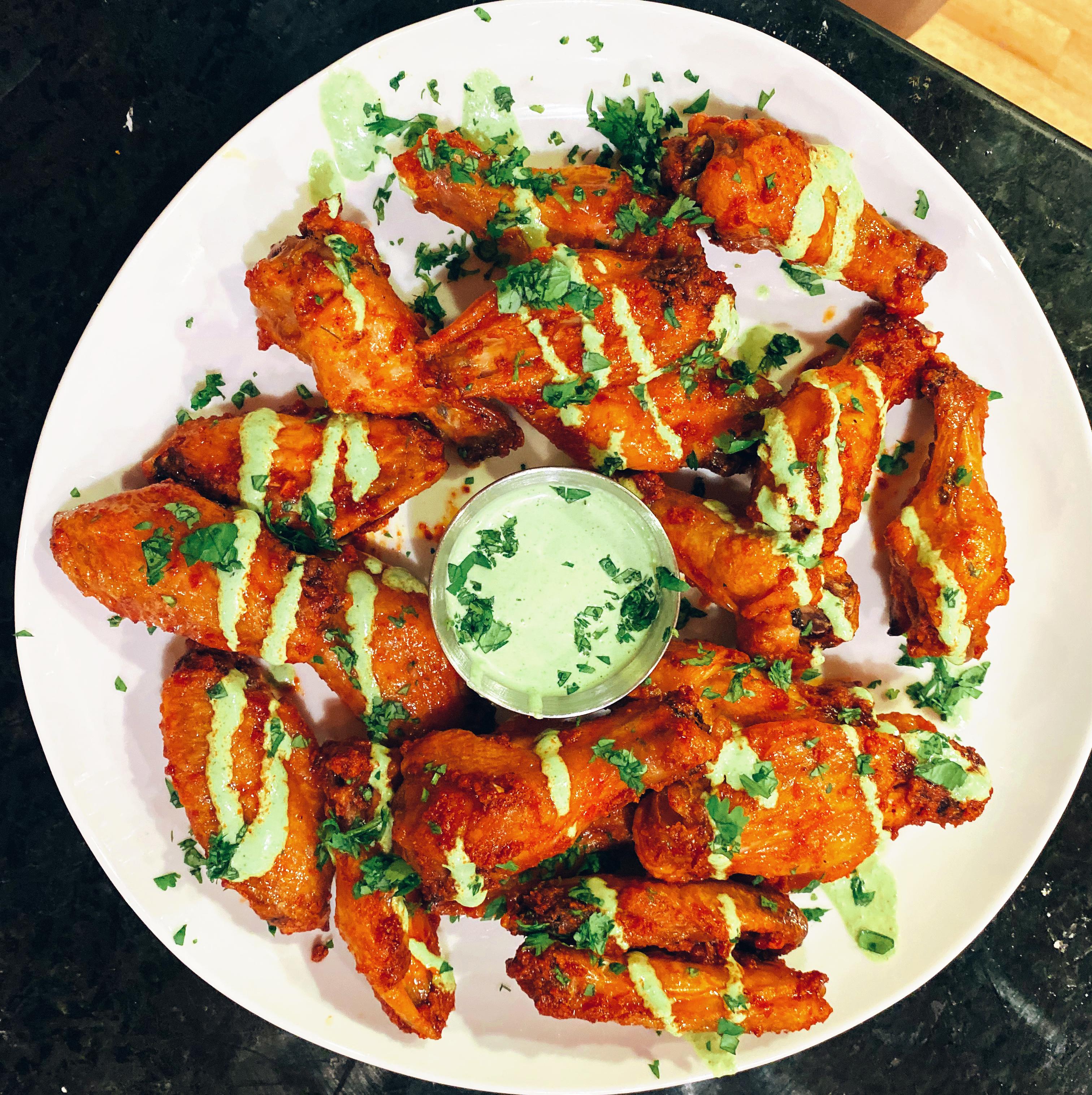 [Homemade] Peruvianstyle Chicken Wings with Aji Verde Sauce. r/food