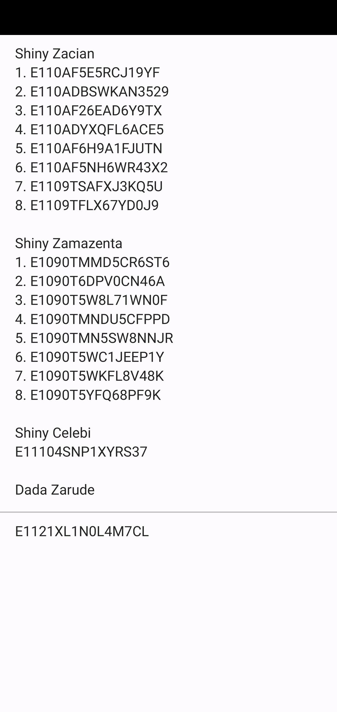 8 Shiny Zamazenta Codes, 8 Shiny Zacian Codes, 1 Dada Zarude and 1