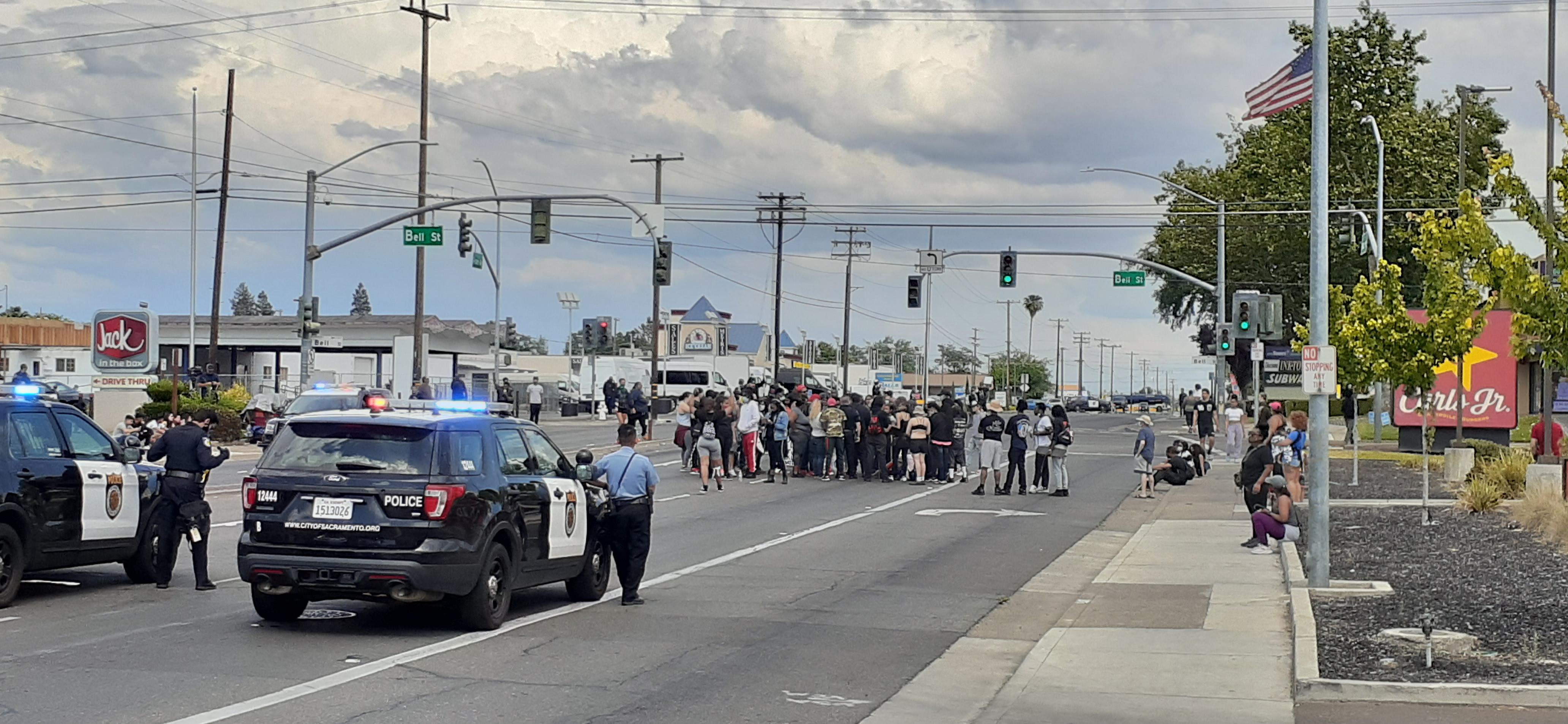 Arden Way and Bell Street. Protest is peaceful and it is proceeding