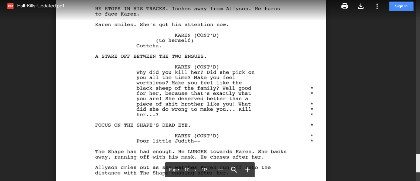 Alternative dialogue in the leaked Halloween Kills script Karen