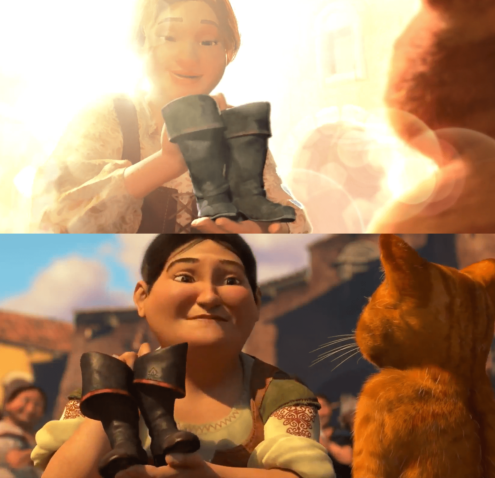 Comparison of a scene in the new Puss in Boots movie and in the