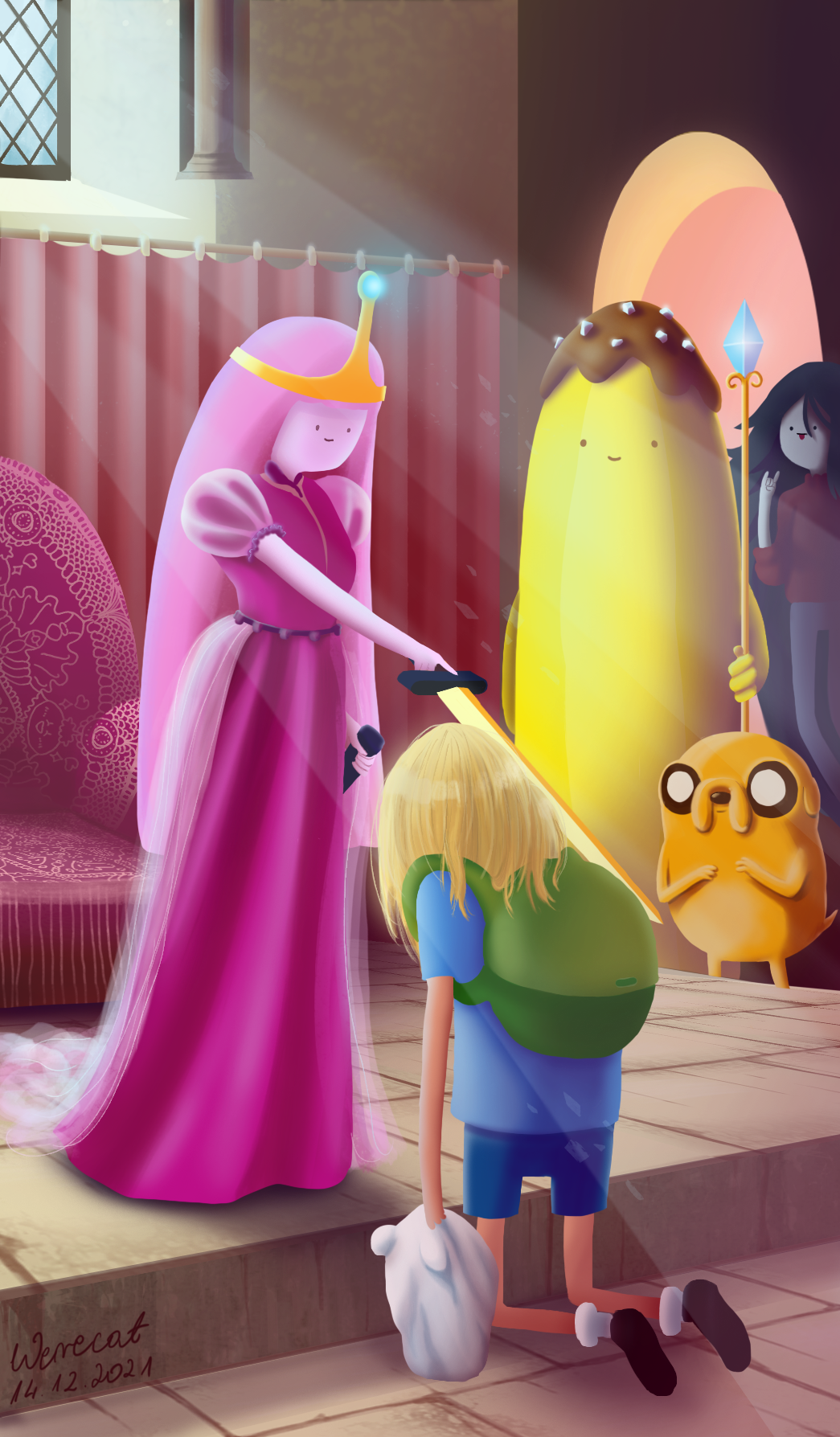 Princess Bubblegum accolading Finn the Human for his knightlike bravery