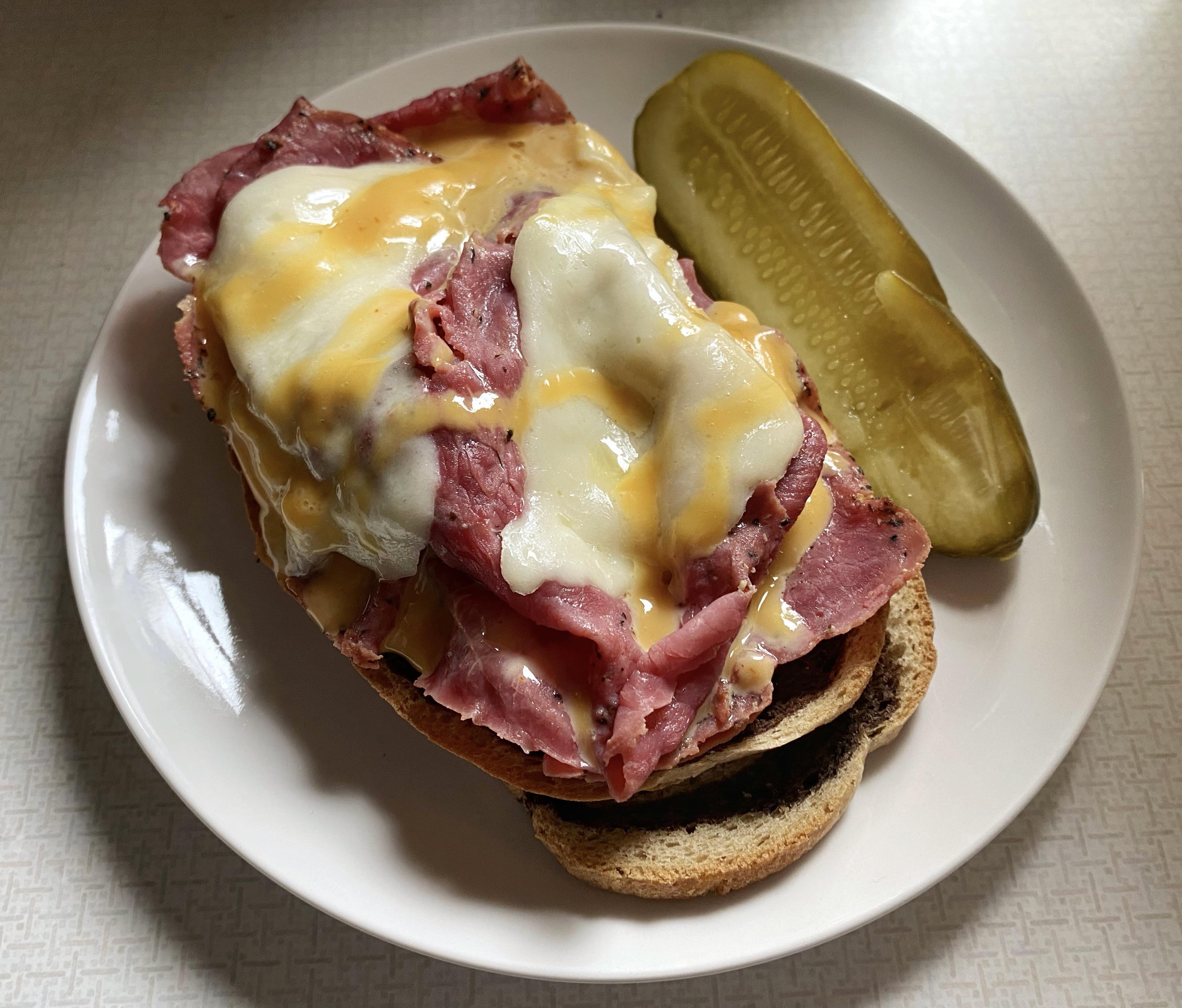 [homemade] pastrami and provolone on marble rye with Chick fila sauce as condiment, and a