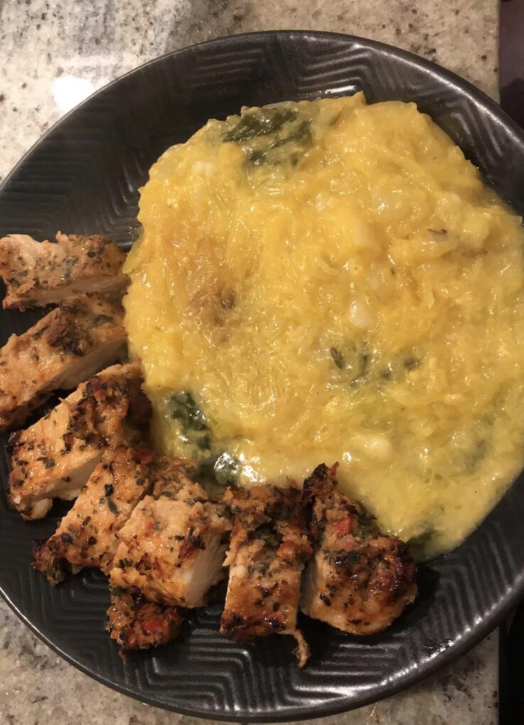 Baked Cheesy Spaghetti Squash + Sundried Tomato and Basil Chicken