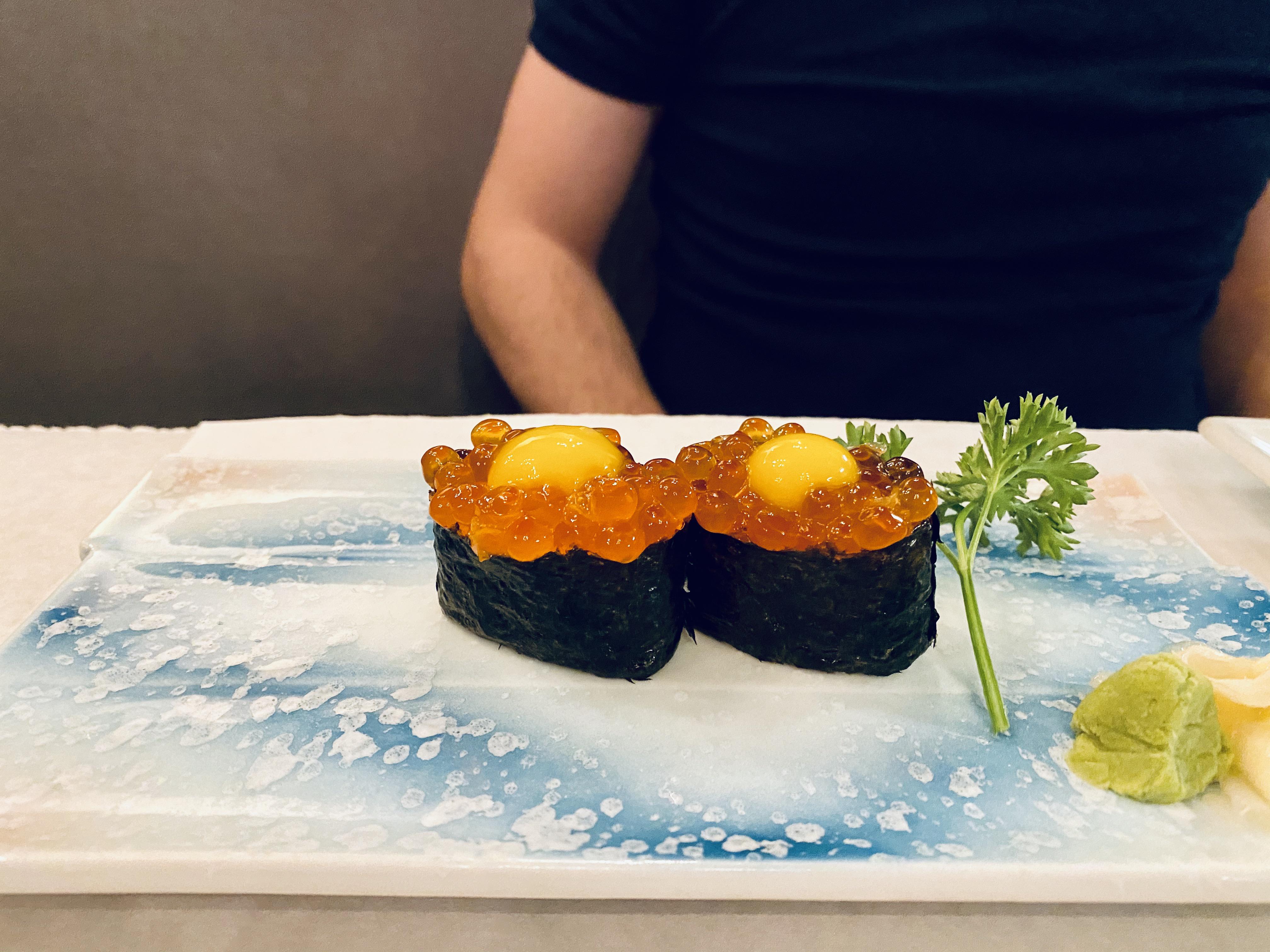 Salmon Roe with Quail Egg Nigiri r/sushi