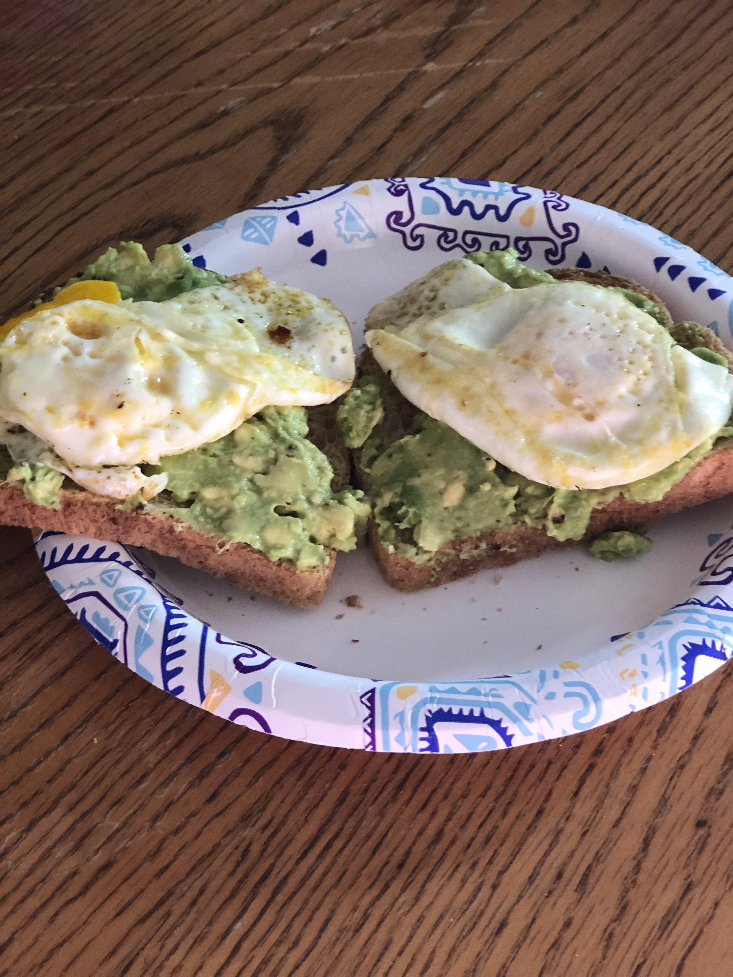 Avocado Toast with over easy eggs. 357 calories. Yummy. 1200isplenty