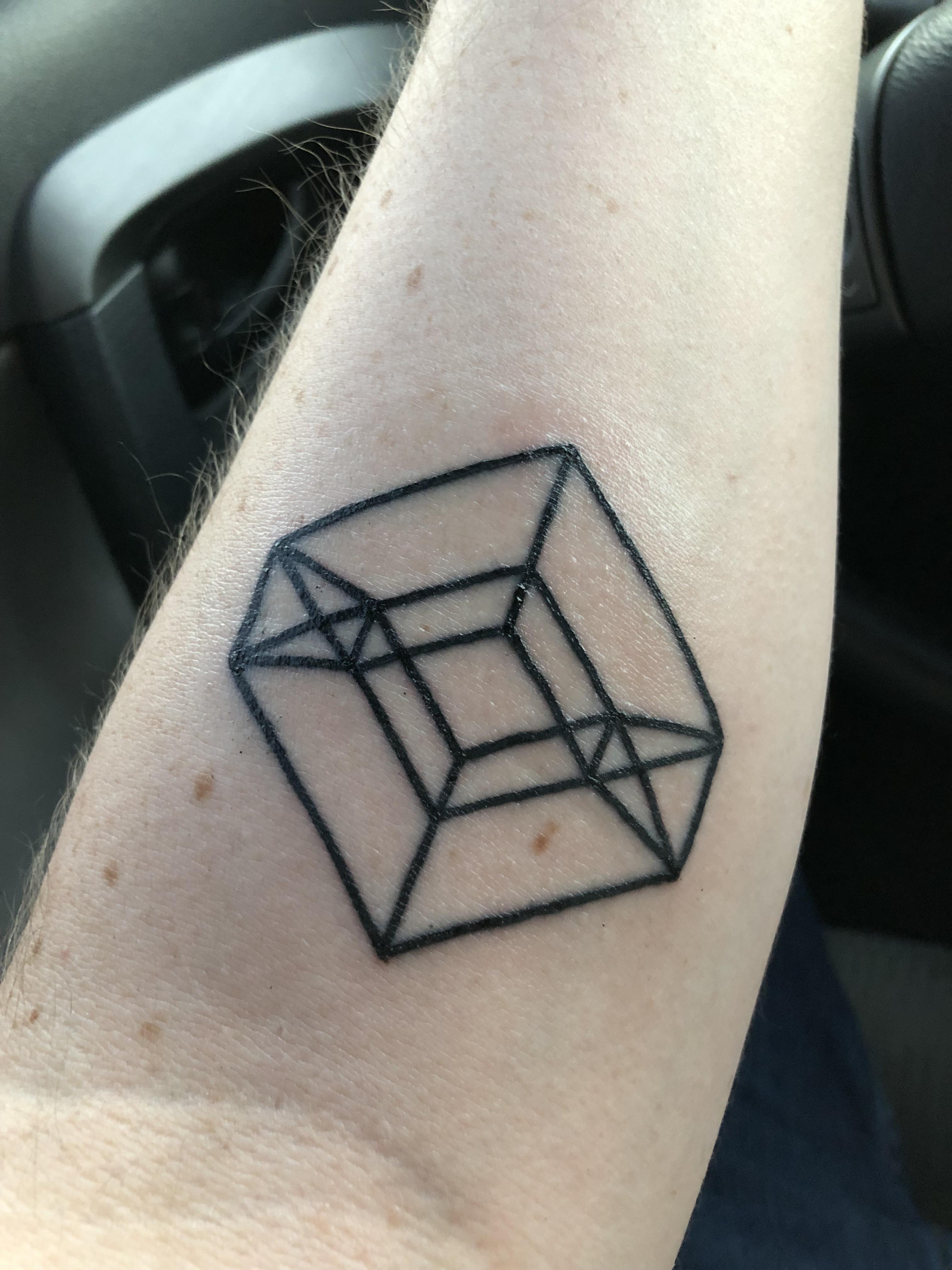 My first tattoo! It’s a tesseract, and to me, it means, “There’s always