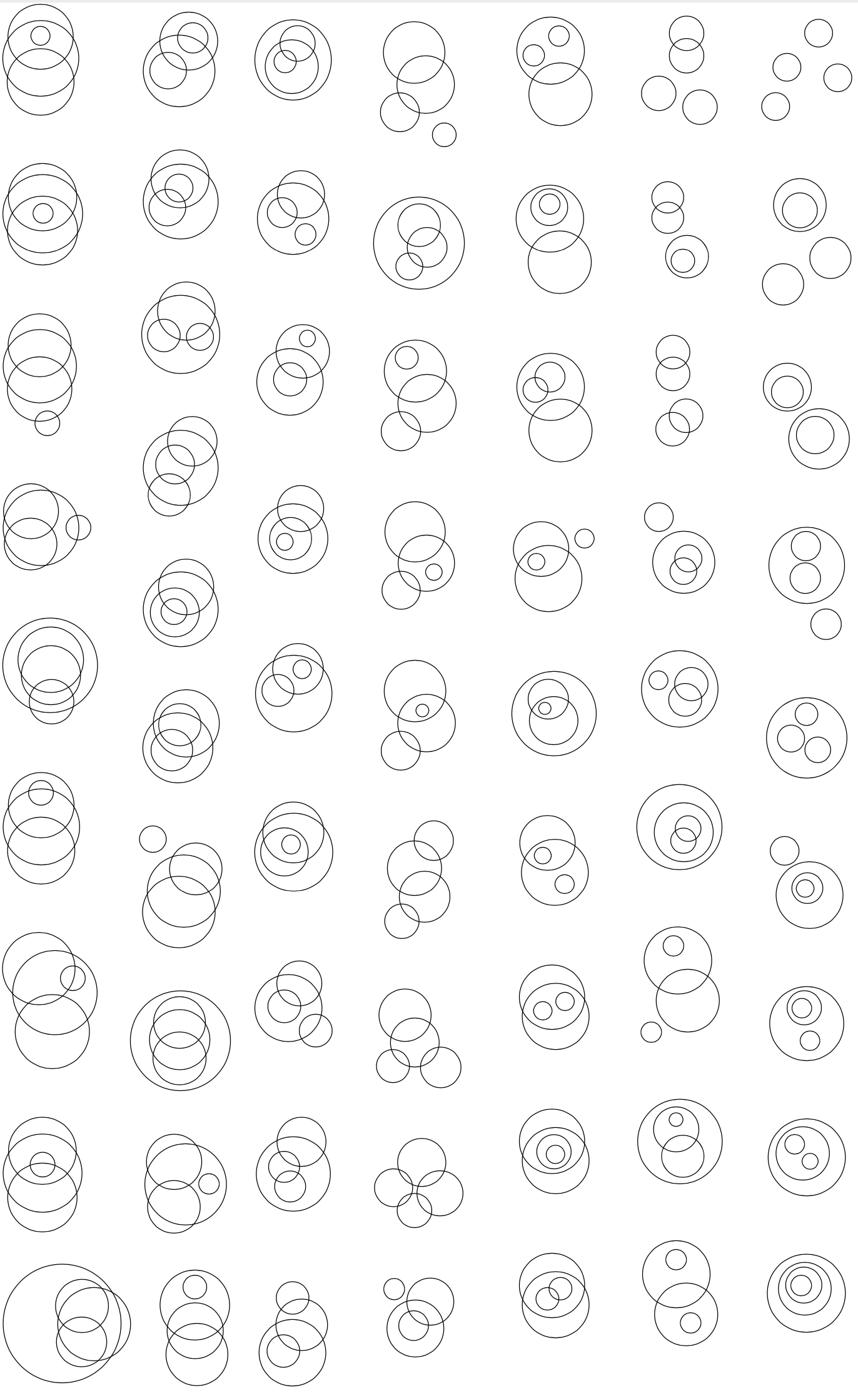 The first 64 configurations of all 173 possible ways that 4 circles can