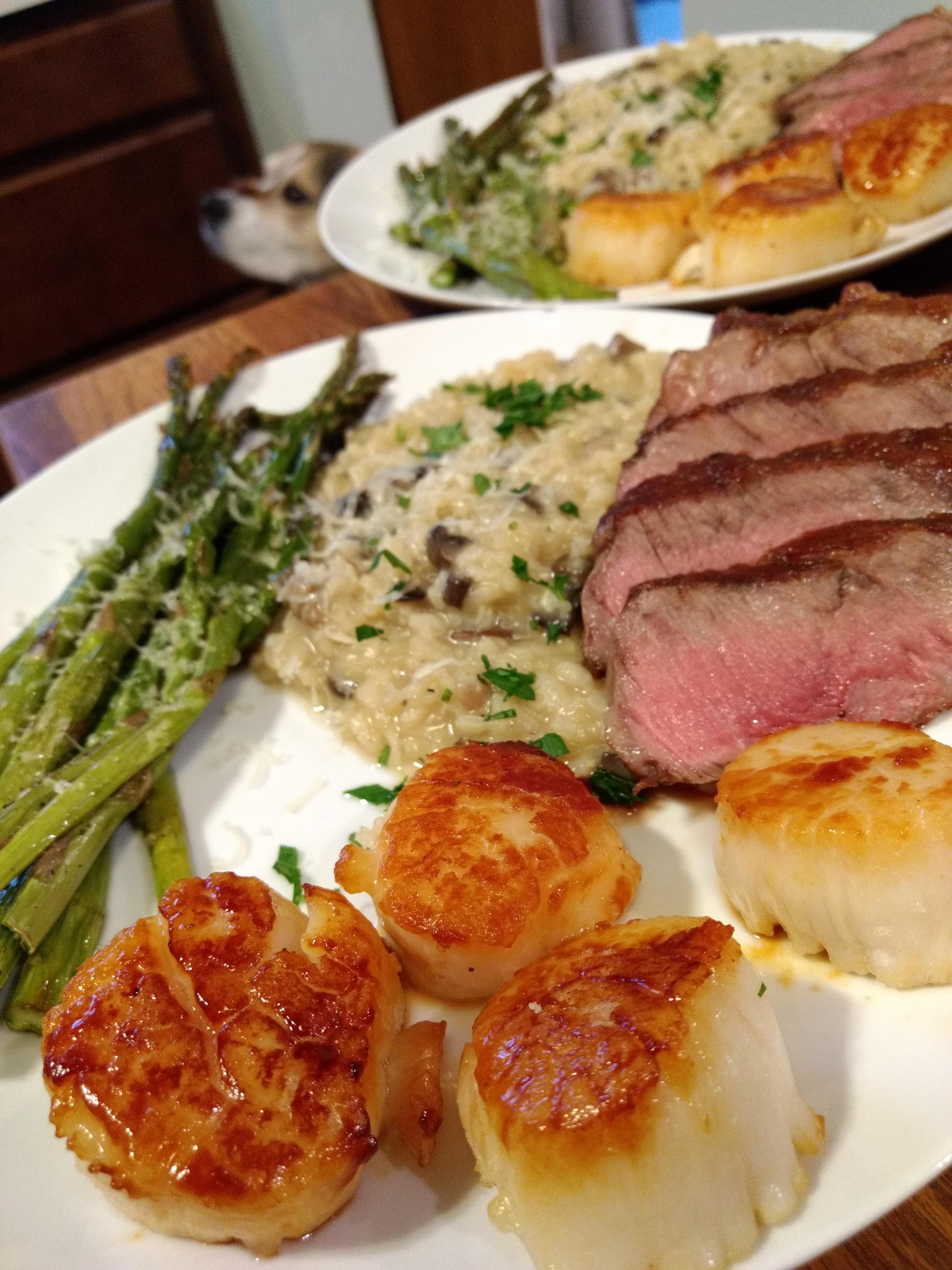 Steak, scallops, mushroom risotto, and asparagus r/FoodPorn