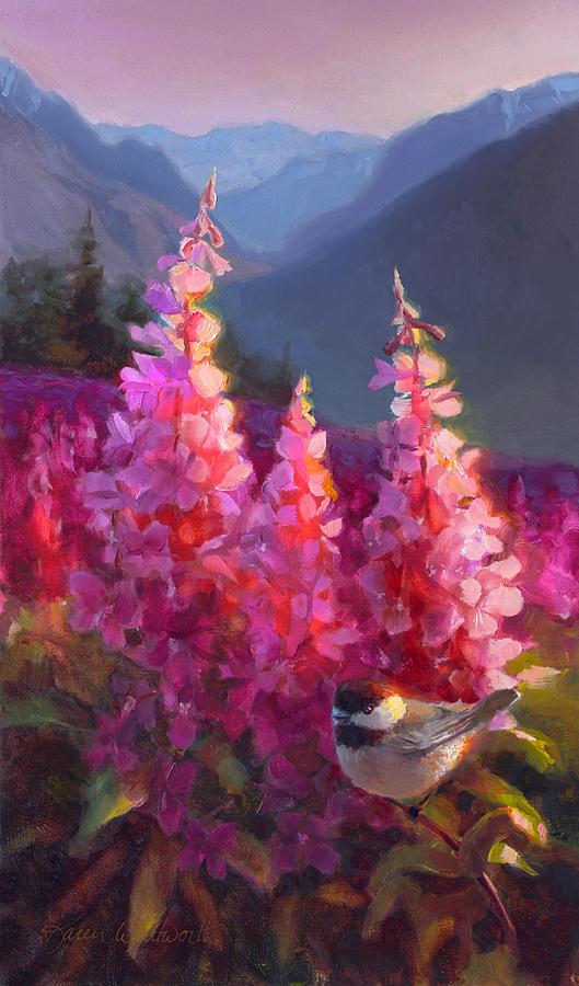Eagle River Summer Chickadee and Fireweed Alaskan Landscape, Karen