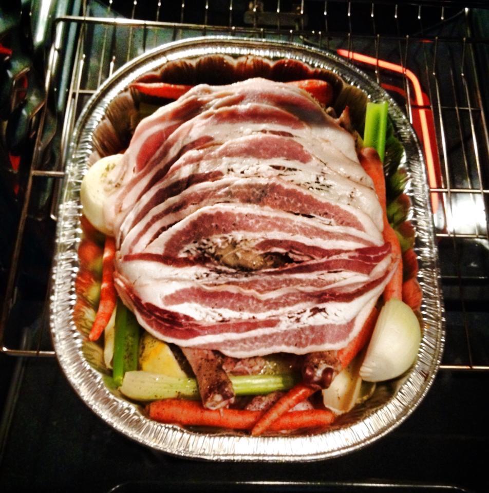 [Homemade] Bacon wrapped turkey Stuffed butter under the skin for