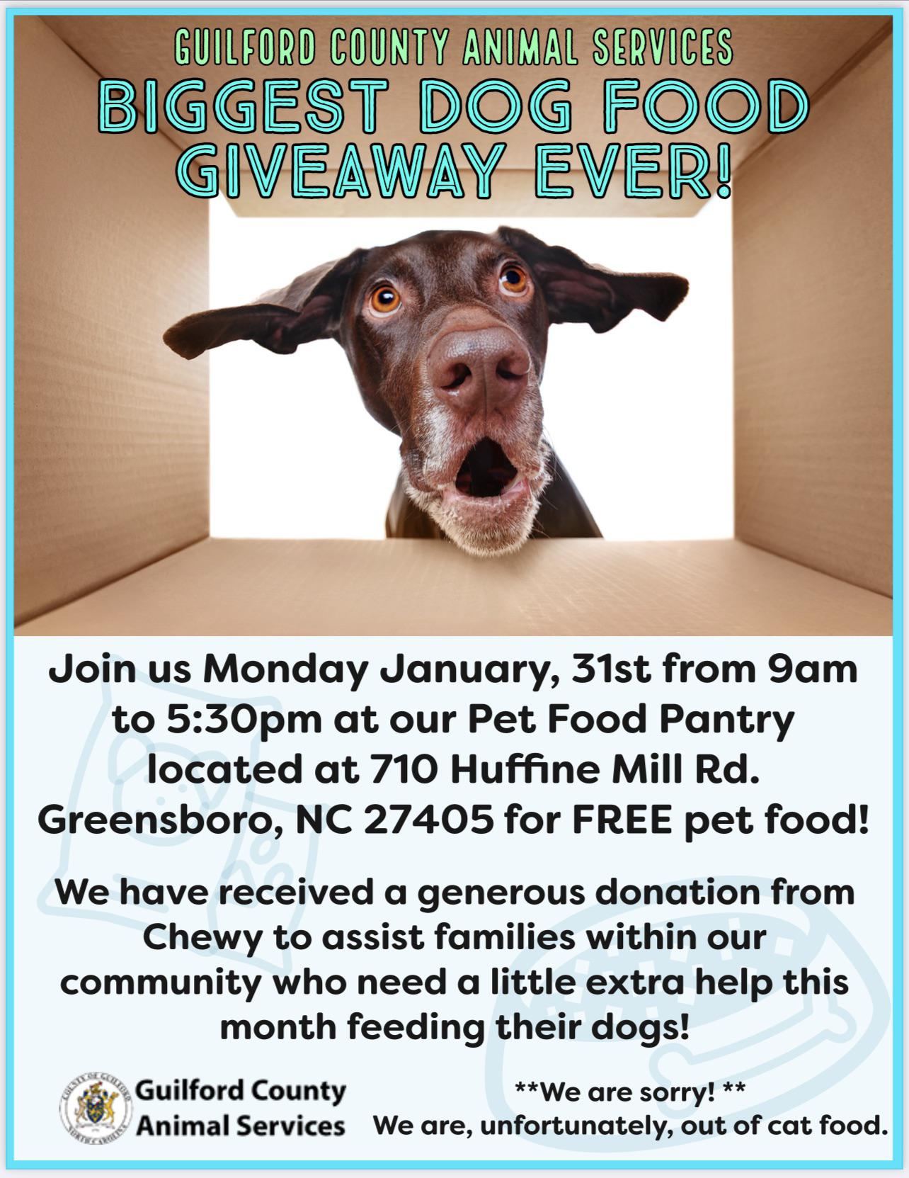 Free dog food giveaway; volunteers needed for distribution. r/gso