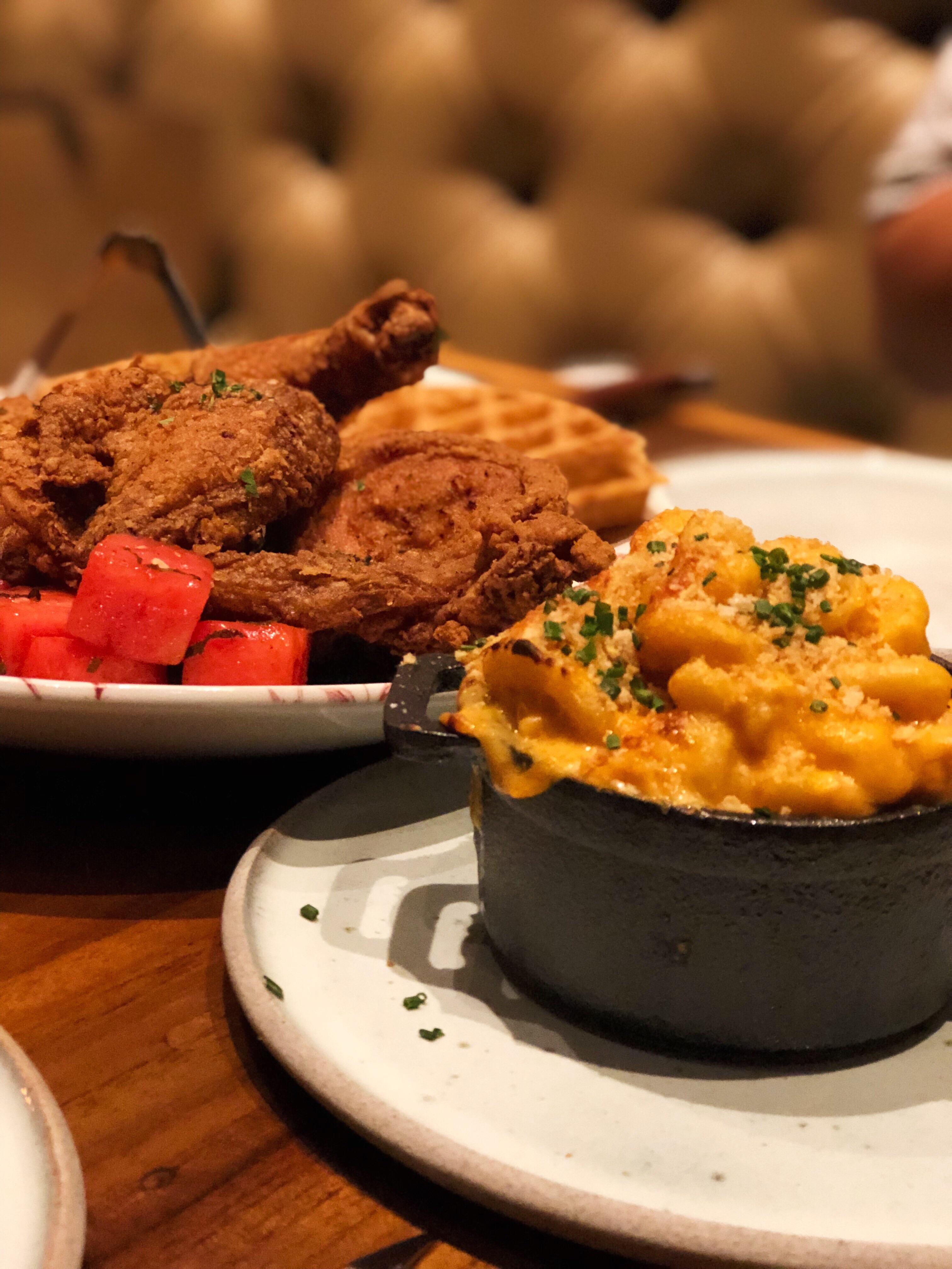 Yardbird Fried Chicken and Waffles with Spiced Watermelon, Mac and
