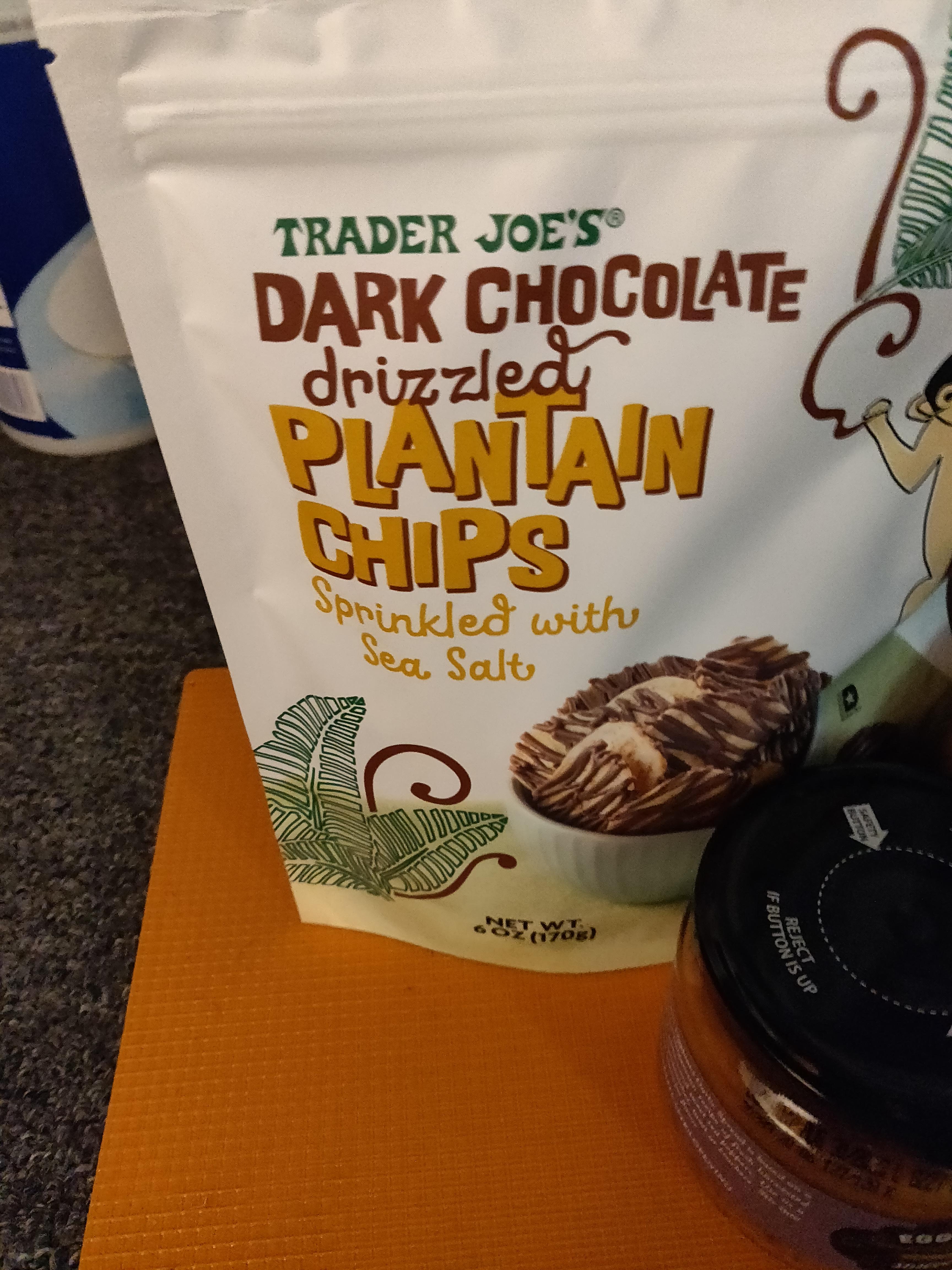 Dark chocolate drizzled plantain chips. Picked up a couple bags today