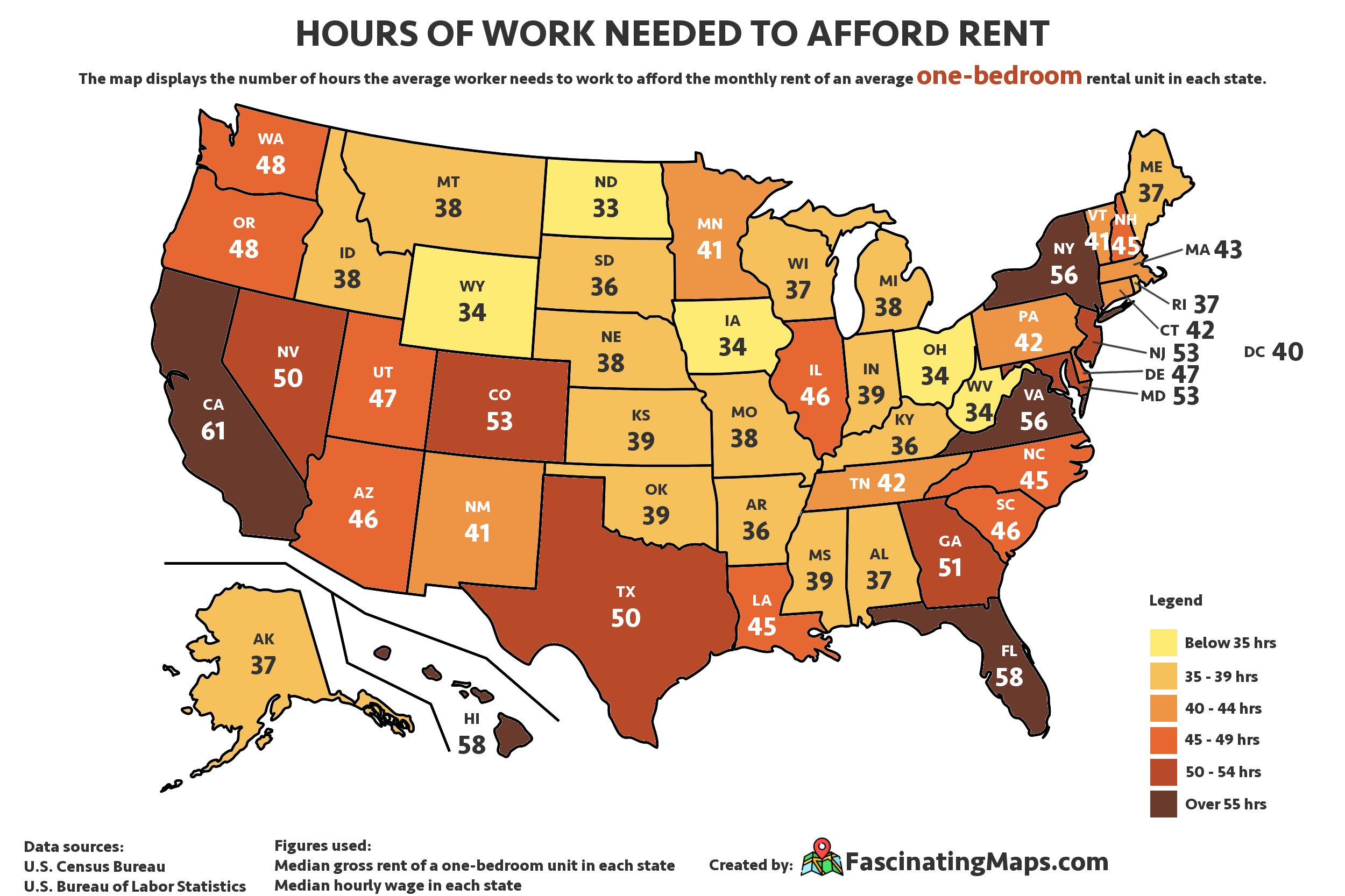Hours of work needed to afford rent in each U.S. state MapPorn