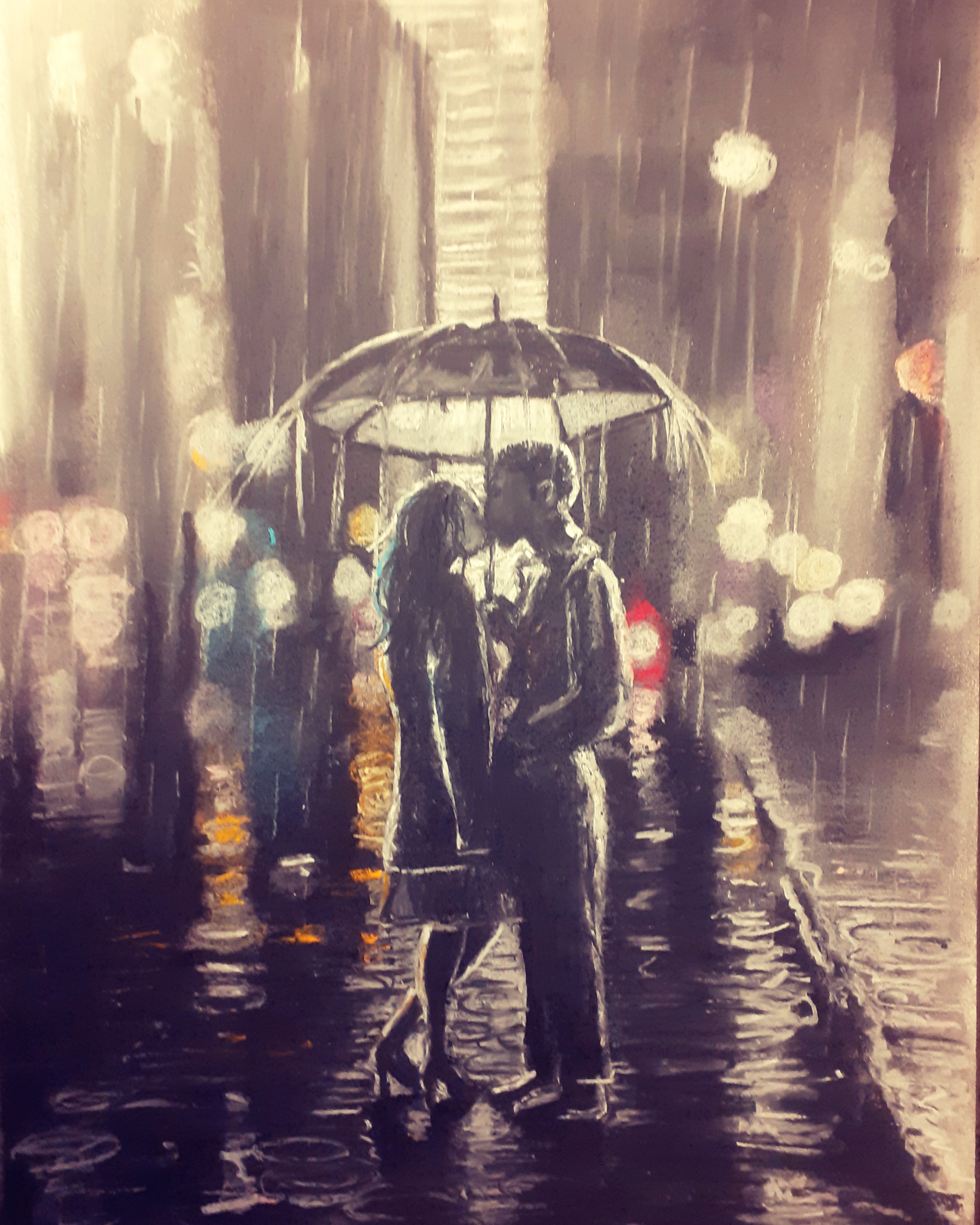 Couple Kissing In Rain Drawing