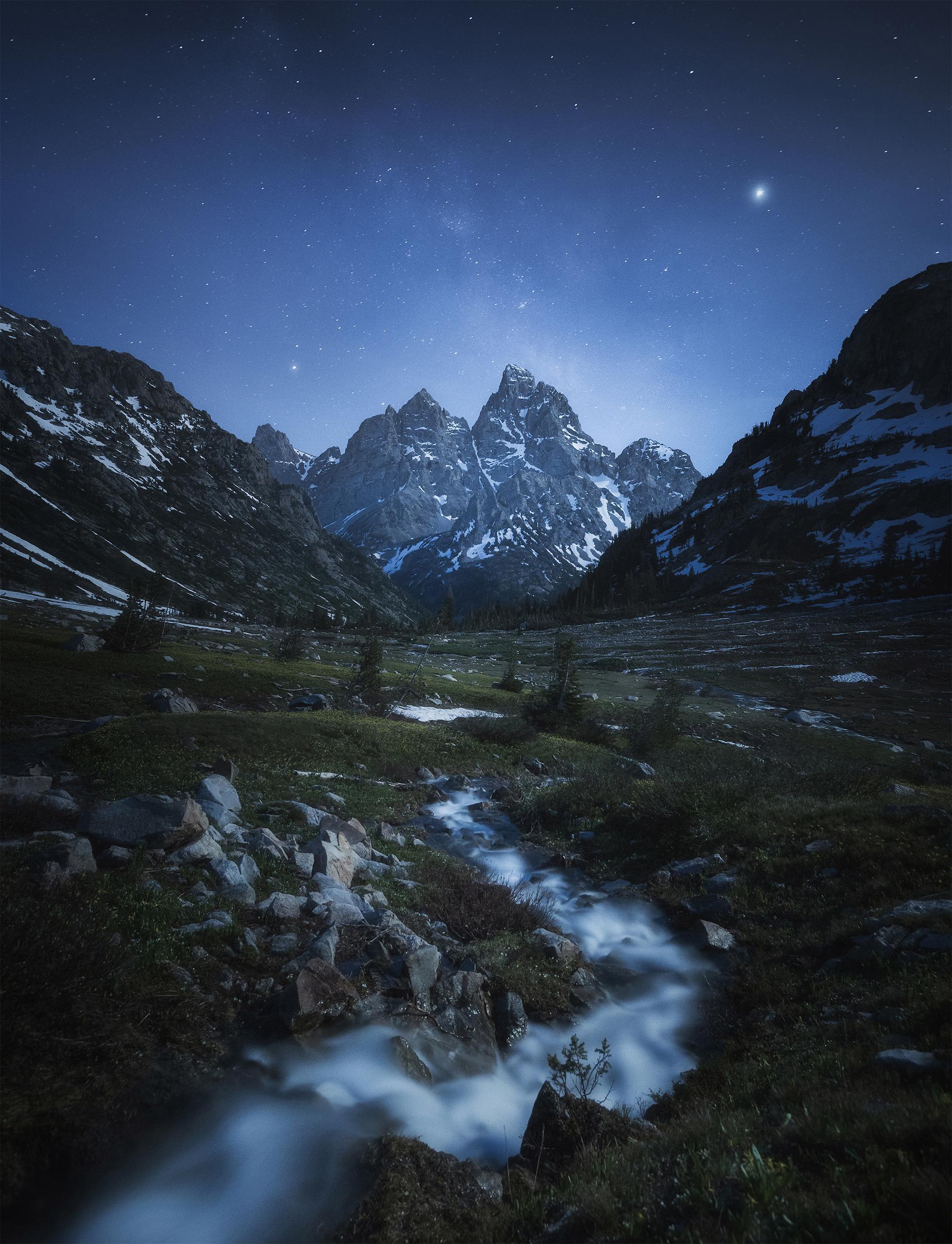 A beautiful, moonlit night in the Tetons. From a recent backpacking