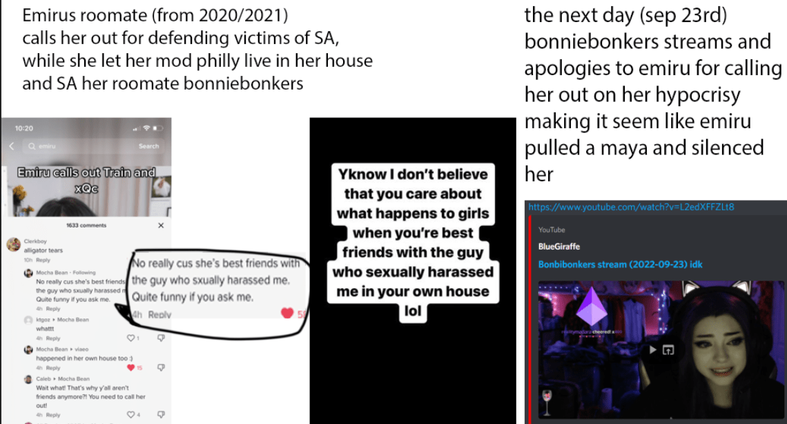 Emiru appears to coverup/downplay exroomate bonniebonkers SA by emi's