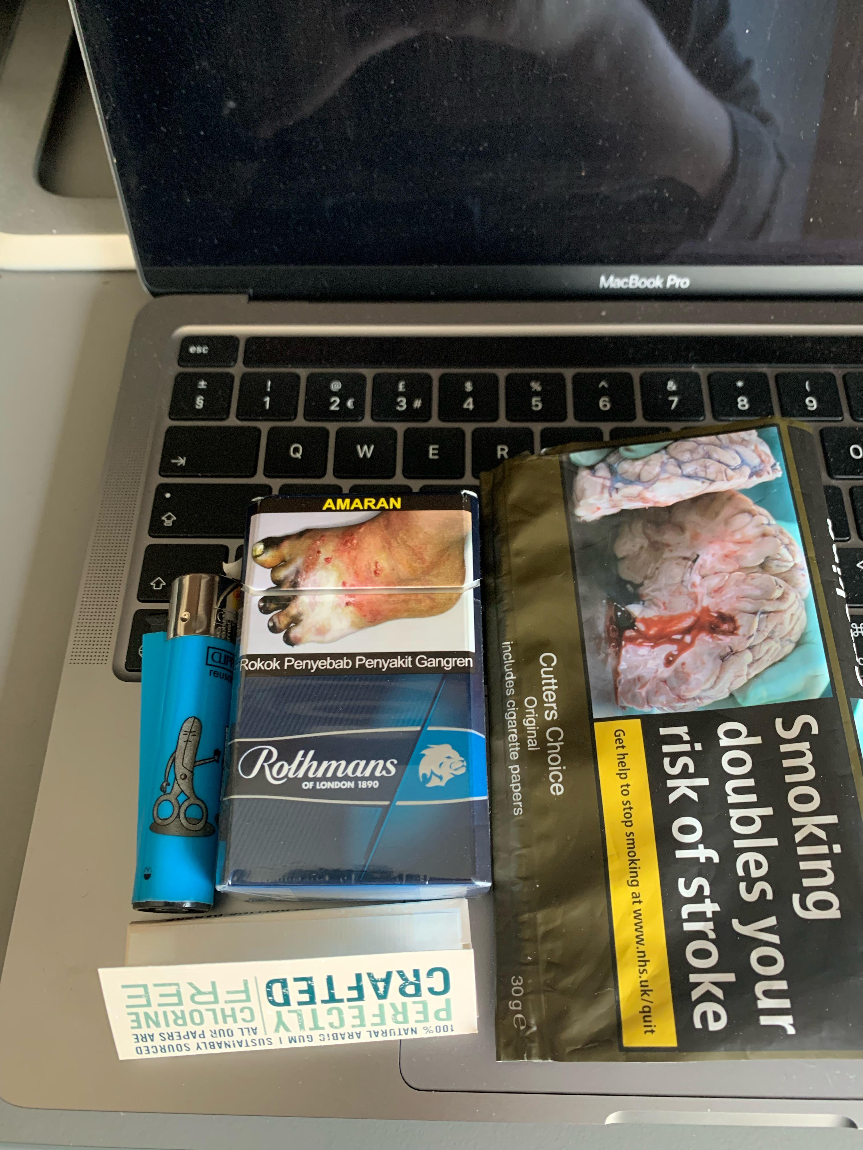 Daily smokes. Cutters choice original for rolling and Rothmans Blue for