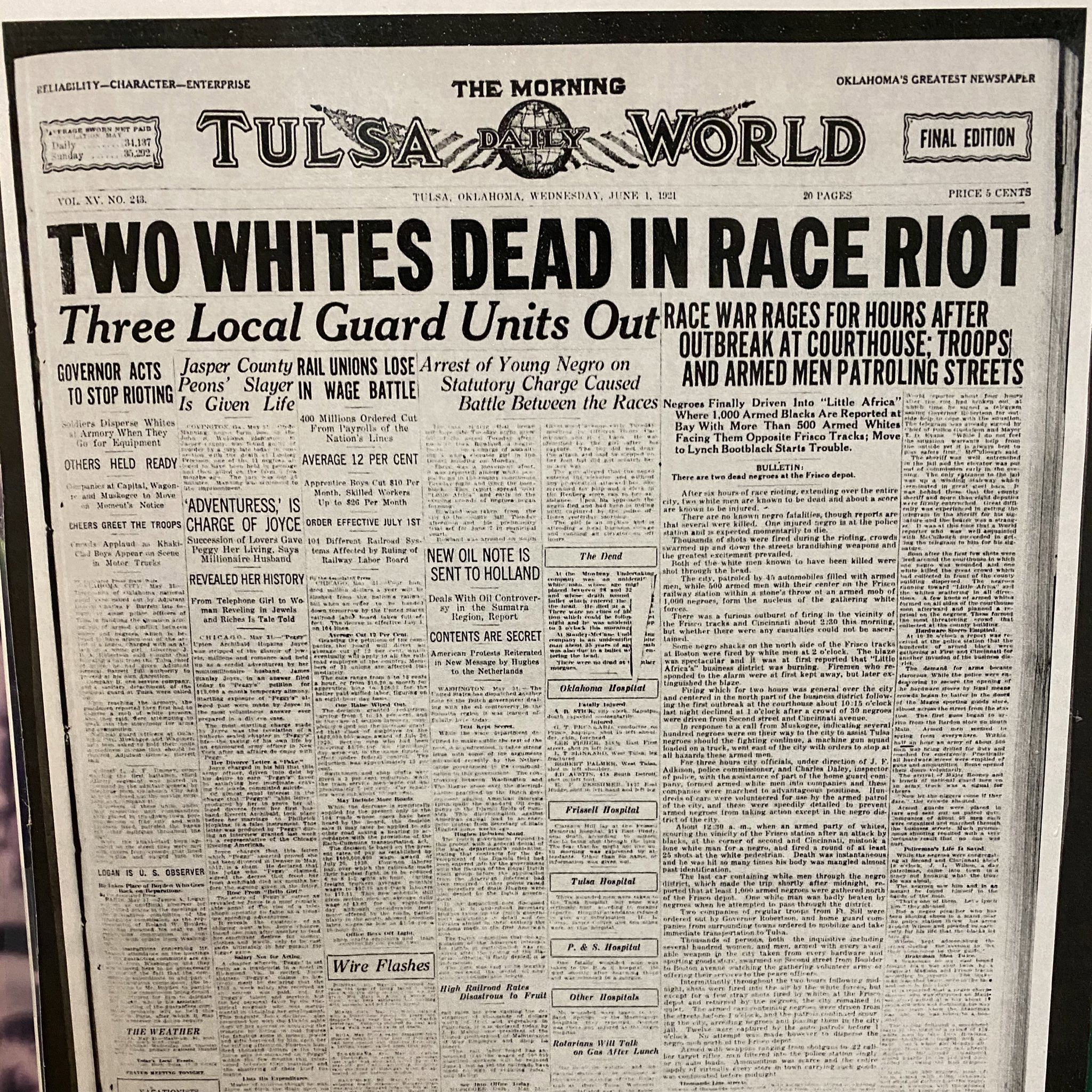 The front page of the Tulsa newspaper the day after the 1921 Black Wall Street massacre pics