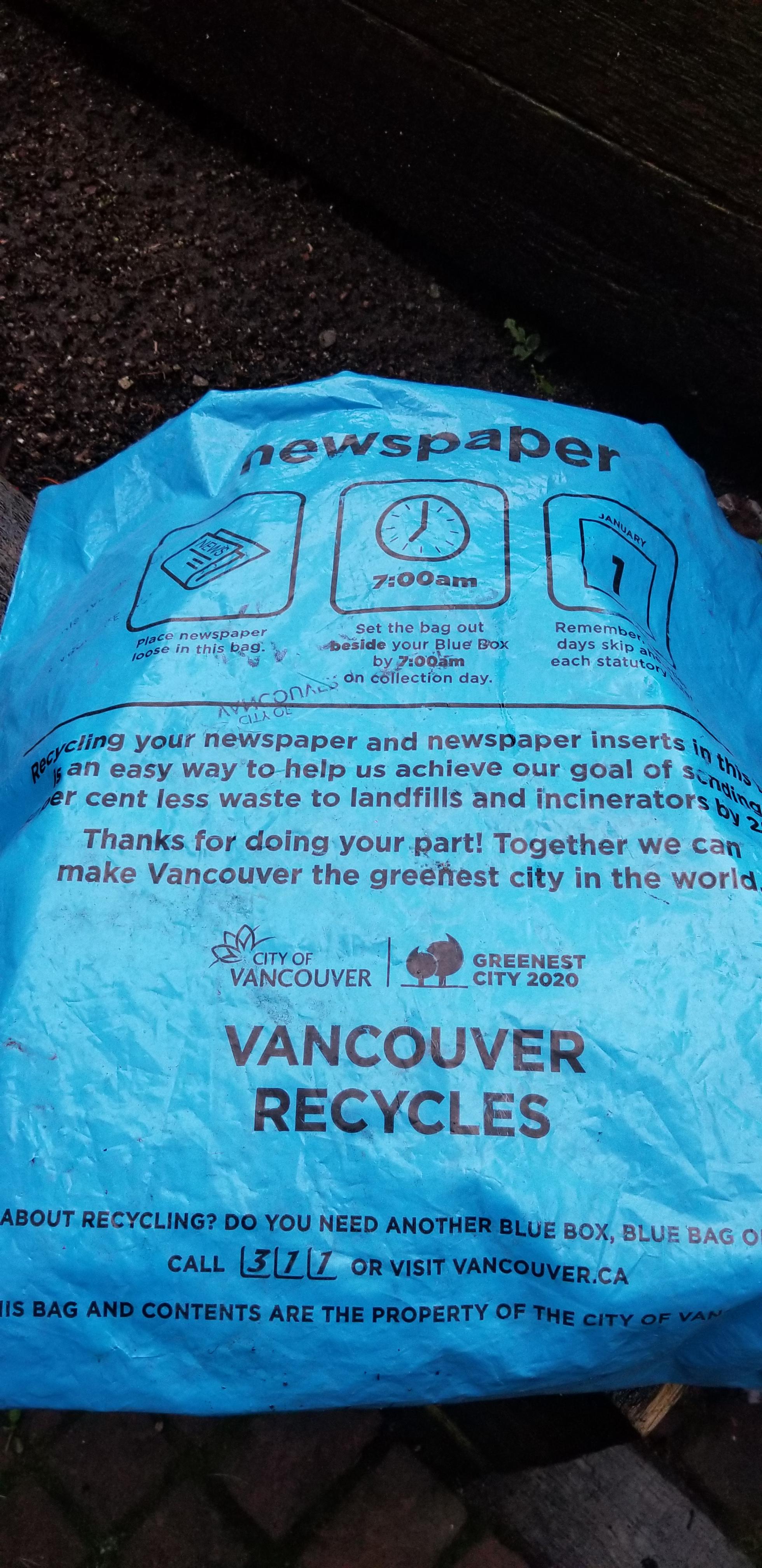 Found this old blue Recycling bag. GREENEST CITY 2020 HERE WE COME! r