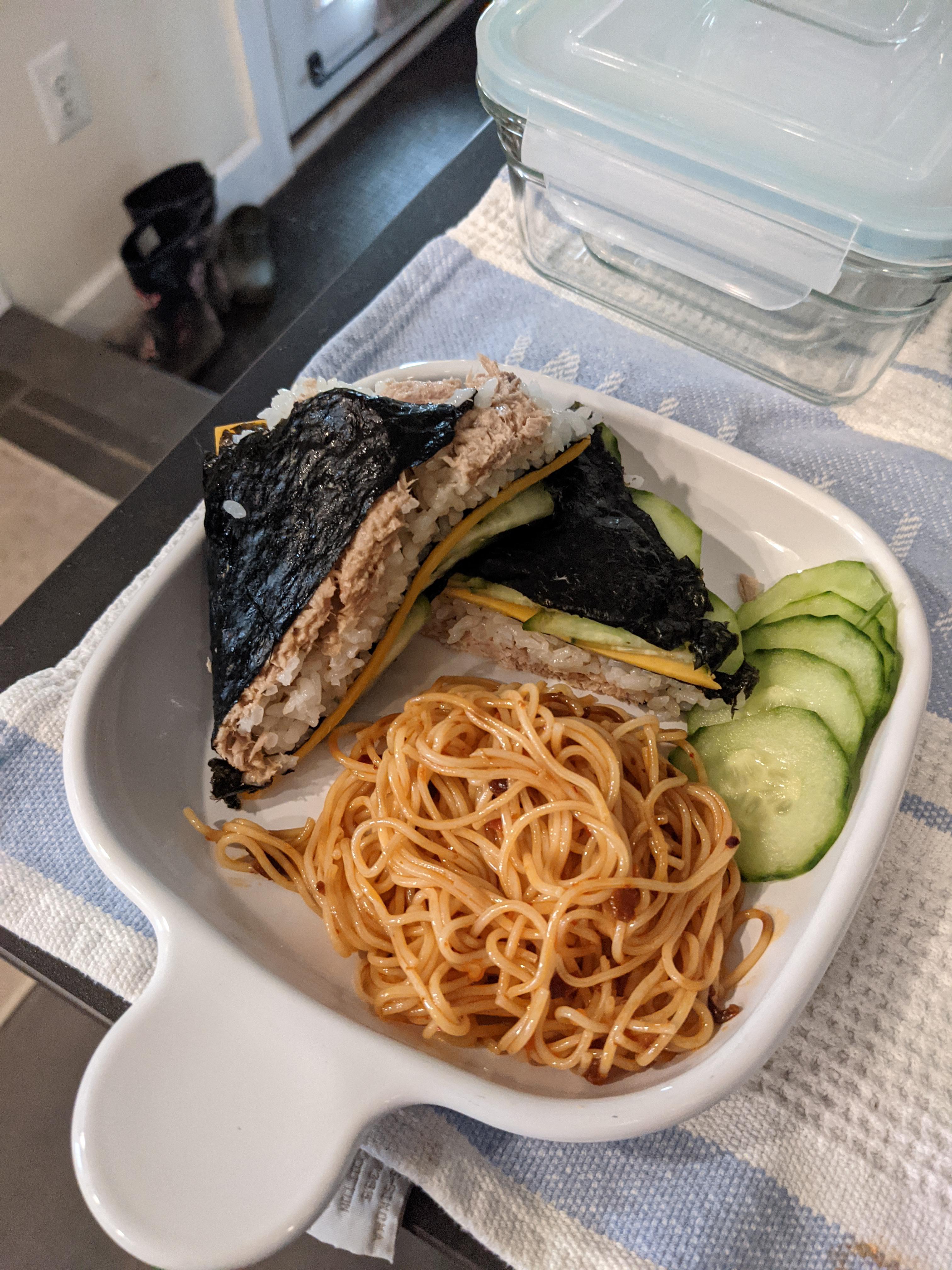 Today's lunch tuna mayo folded gimbap, cold chili crisp somen. r
