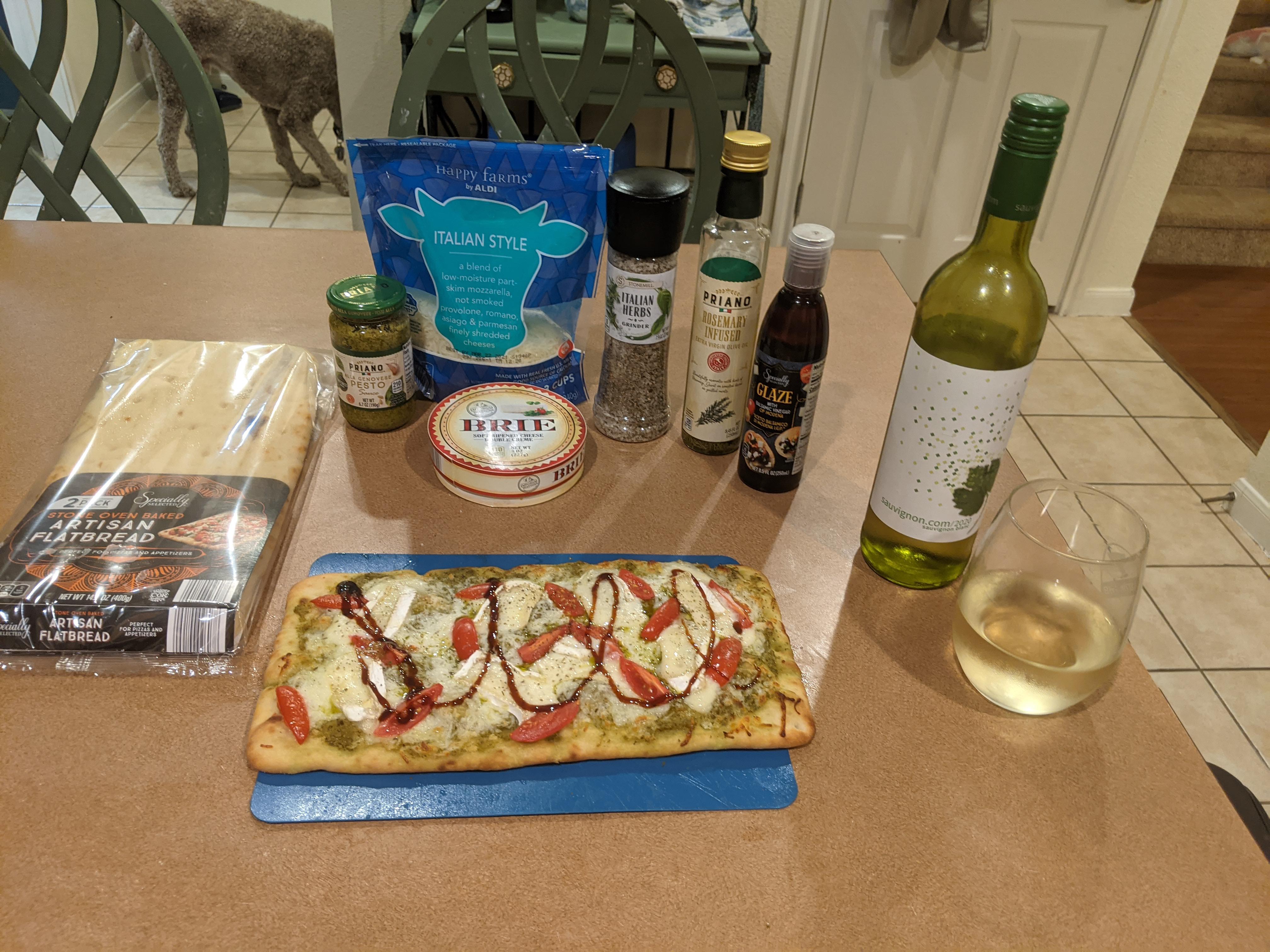 aldimeal Flatbread pesto pizza with brie and tomatos r/aldi