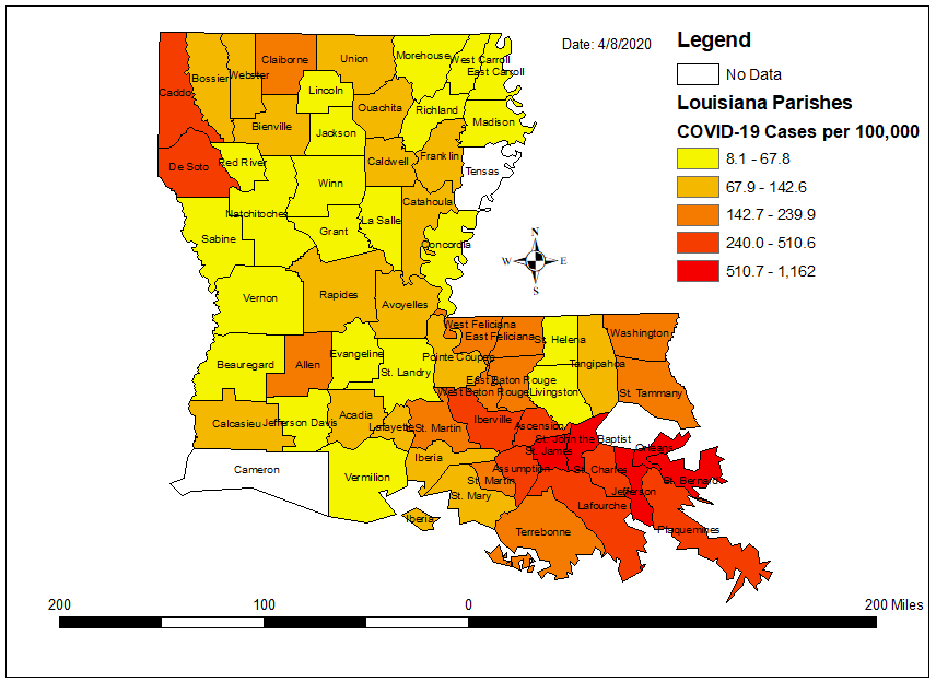 Louisiana Parishes by COVID19 Rate per 100,000 (Data Source GitHub