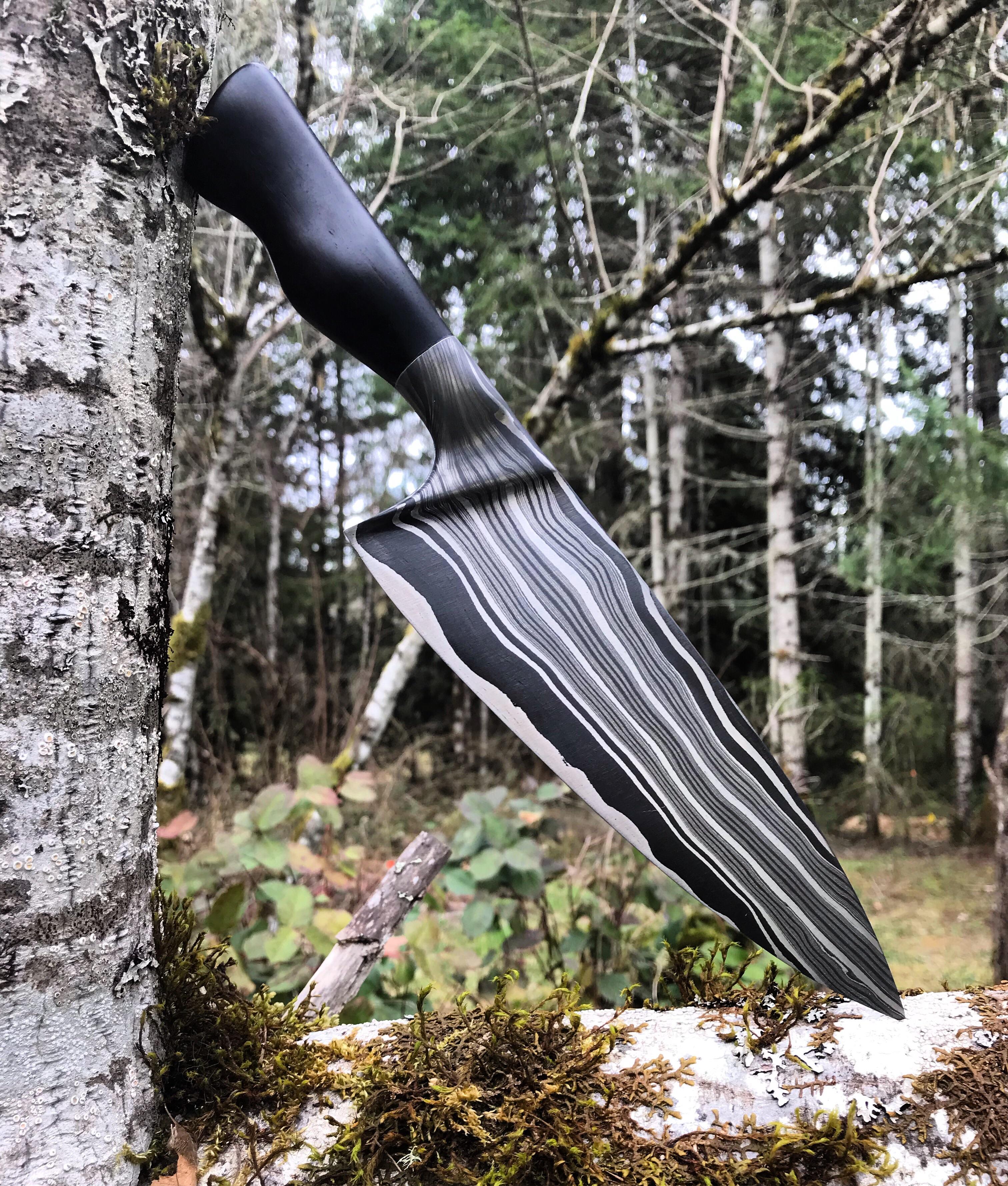 8” blade chef’s knife. 1080, 15N20, ARMALLOY 650, African Blackwood. Specs in comments. r