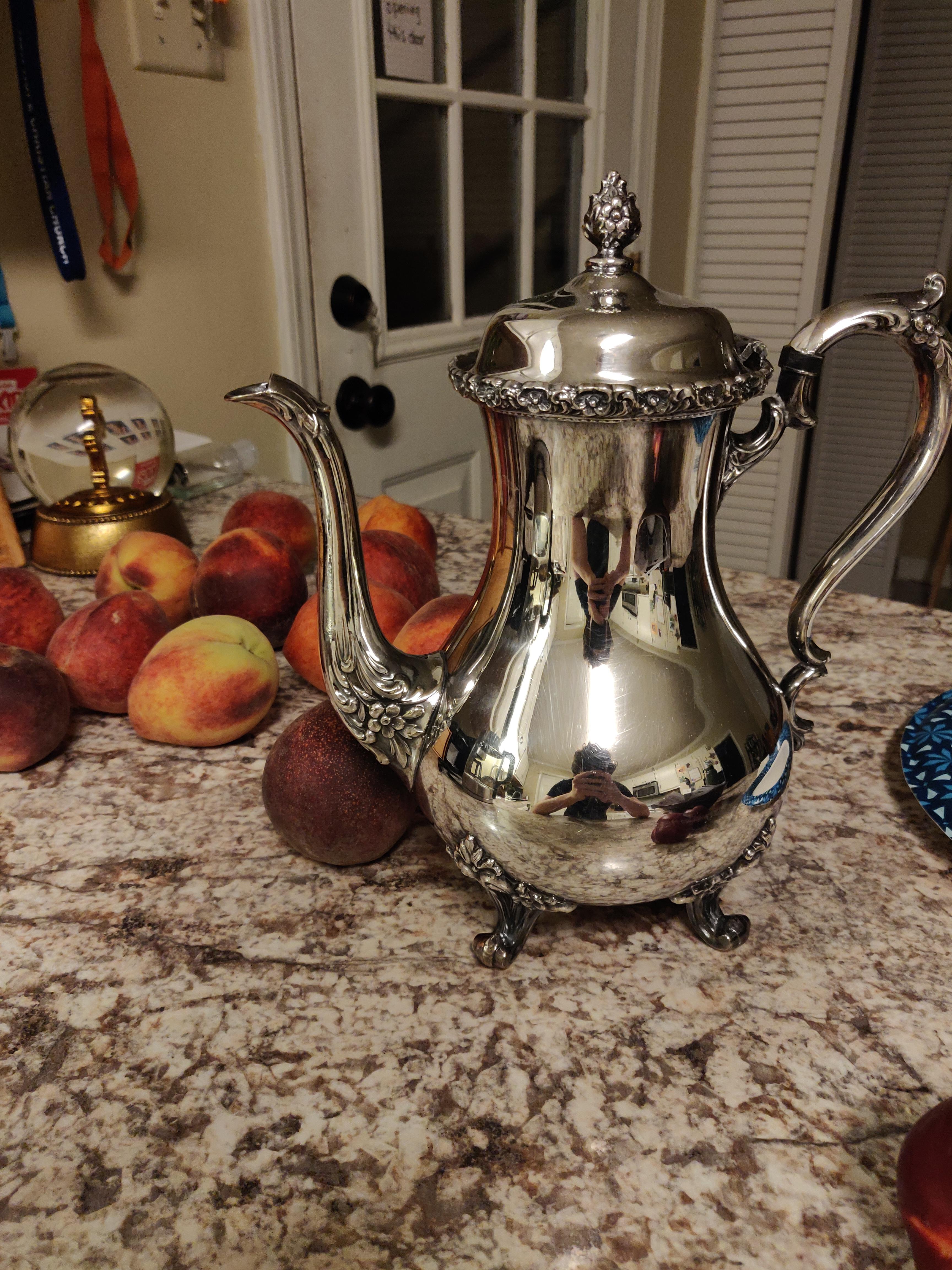 I have great luck at yard sales. Picked up this silver teapot for 5