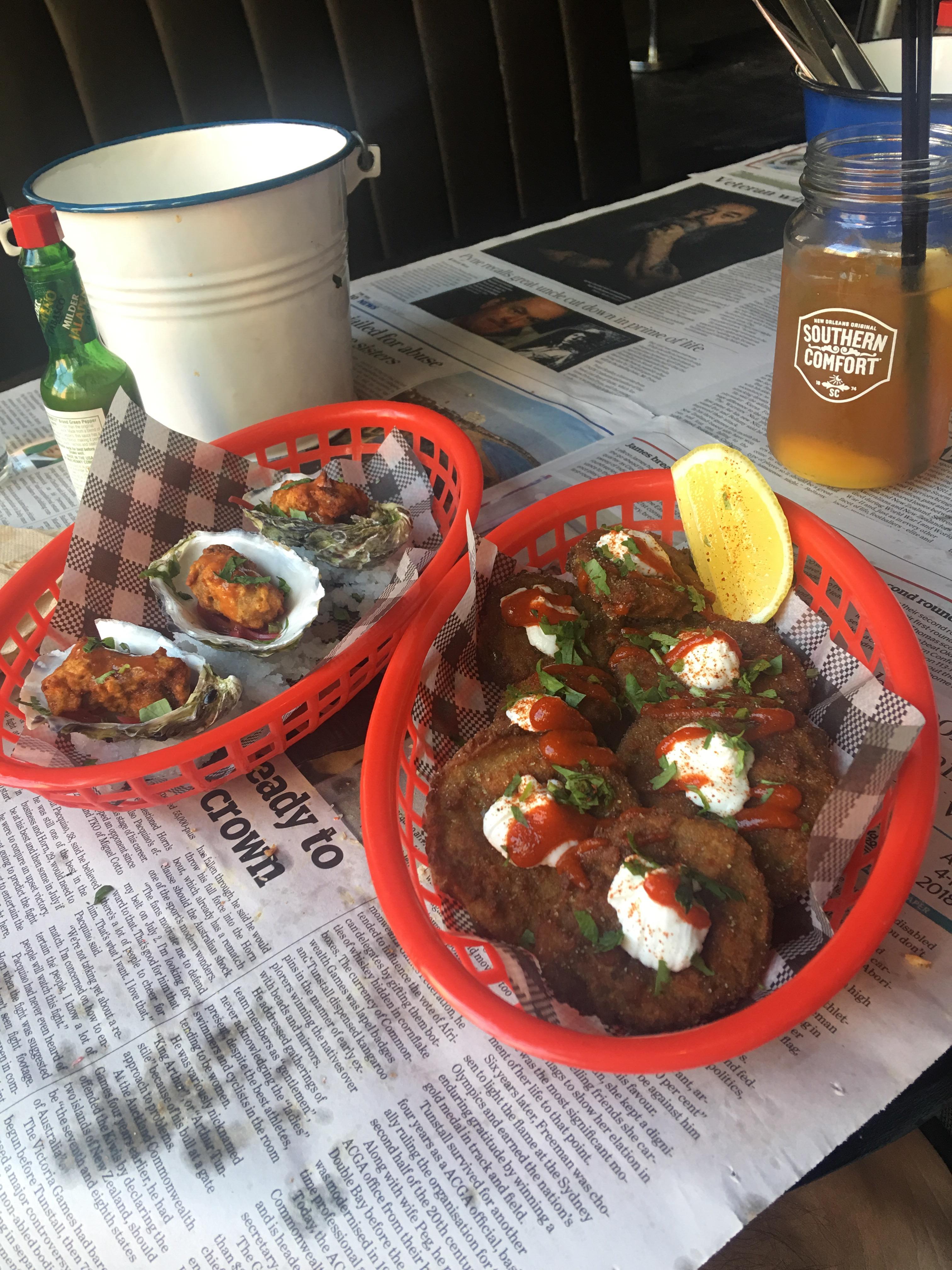 [I ATE] Southern fried oysters and fried green tomatoes with curd and