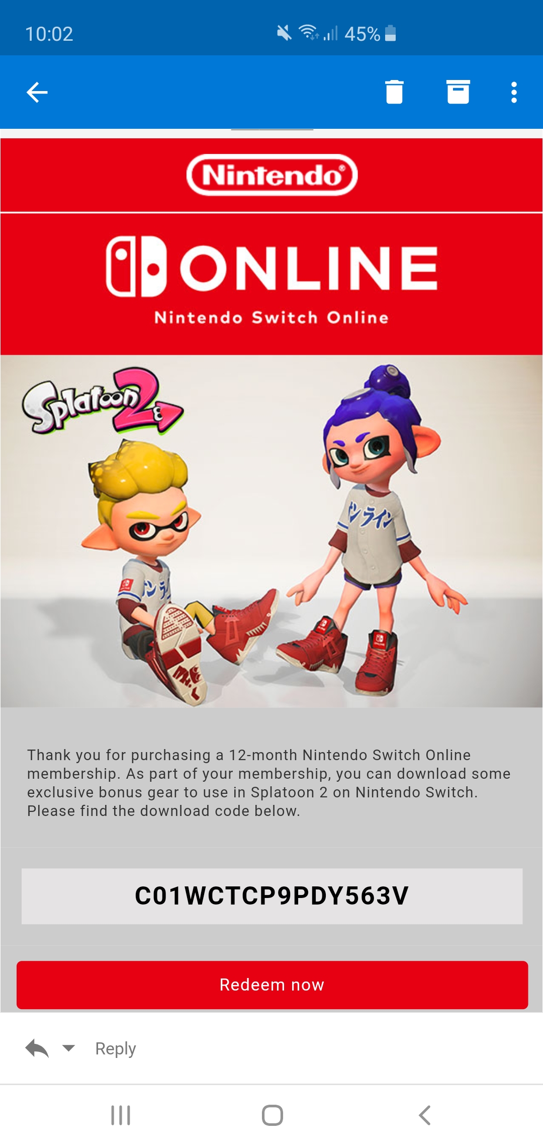 Got this email through but I don't play Splatloon, if anyone wants this
