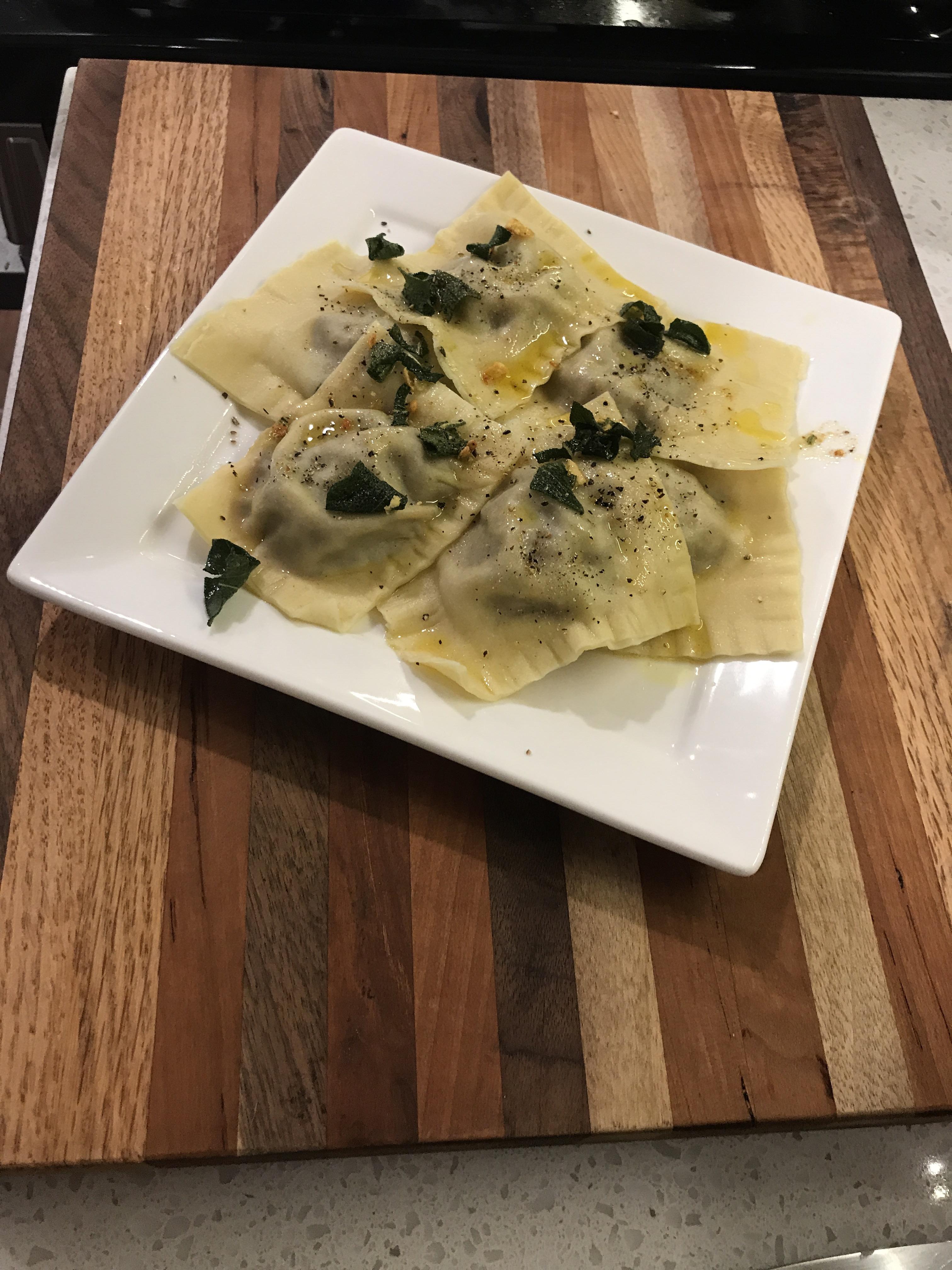 [HOMEMADE] bison short rib and shiitake ravioli with brown butter and