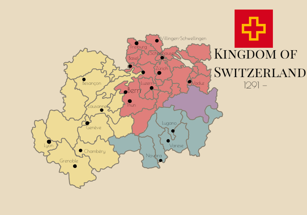 An alternate greater, but still landlocked Swiss Kingdom established