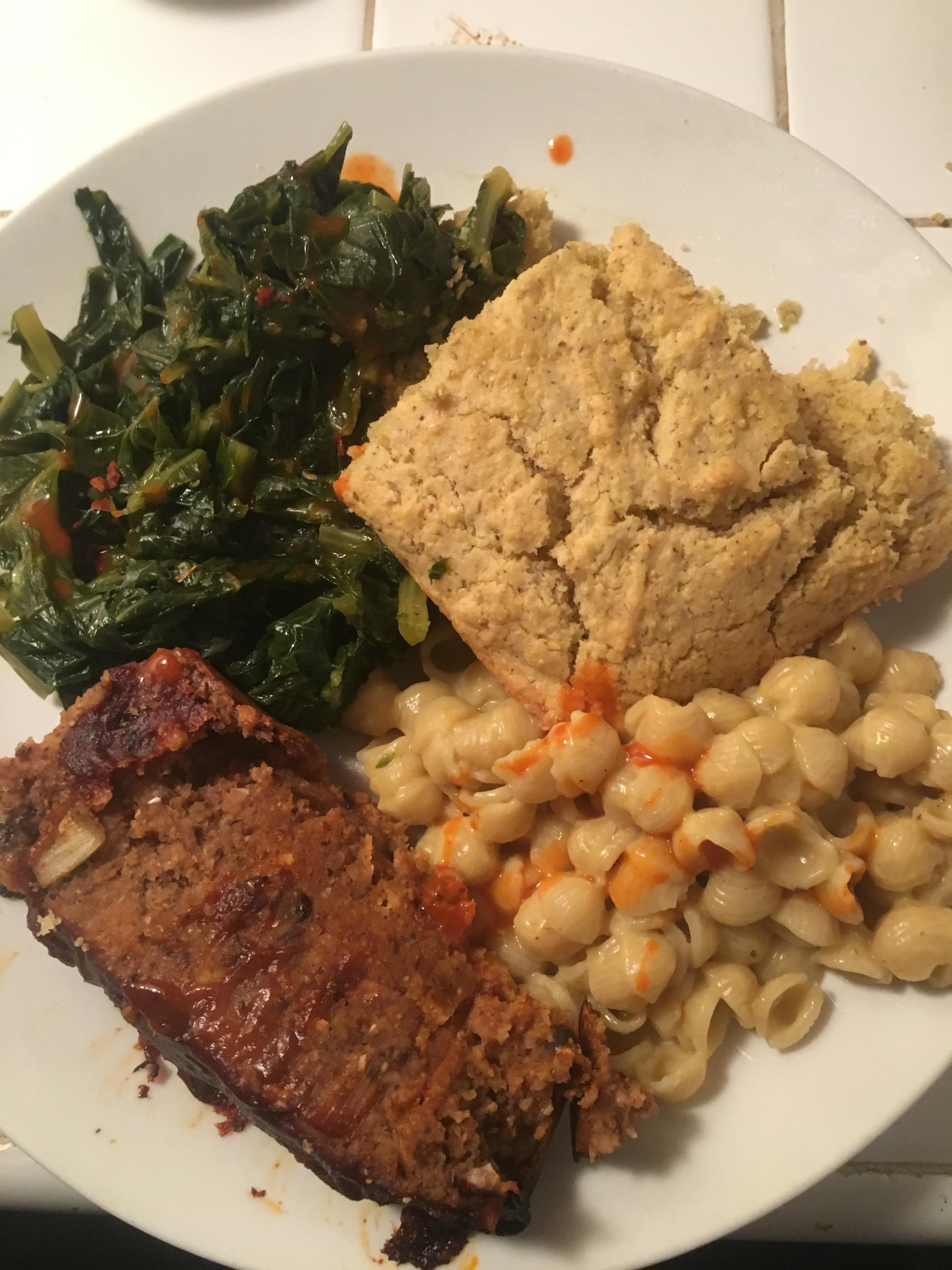 I made southern comfort food (collard greens, cornbread, beanloaf, and