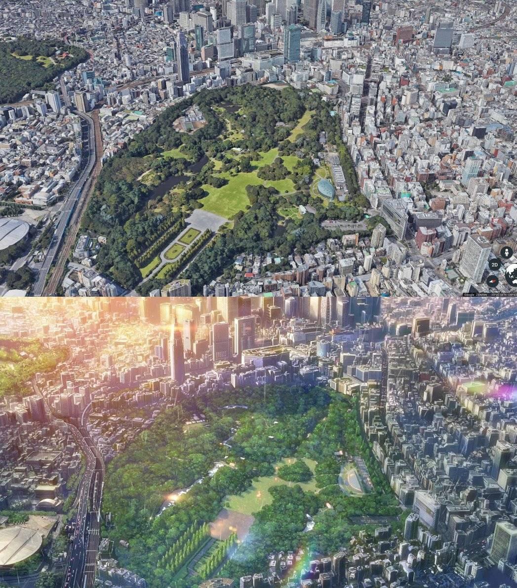 Map of Tokyo from Google Earth compared to a scene in anime "The Garden